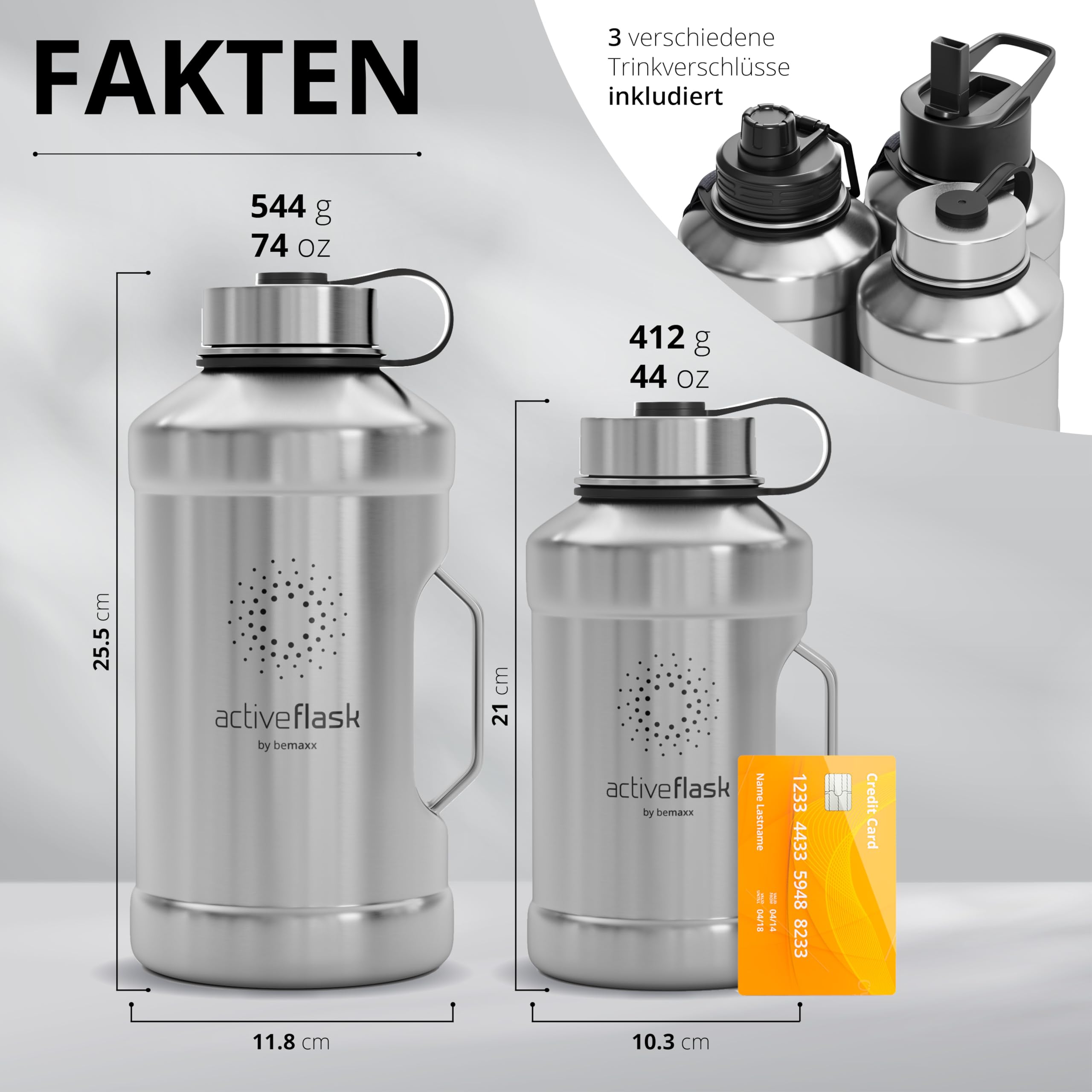 Trinkflasche Edelstahl ACTIVE FLASK + Strohhalm (3 Deckel) | Große 1,3/2,2 Liter Sportflasche BPA-frei Auslaufsicher Kohlensäure geeignet, 2l XL Wasserflasche Sport Outdoor Fitness Wasser Flasche