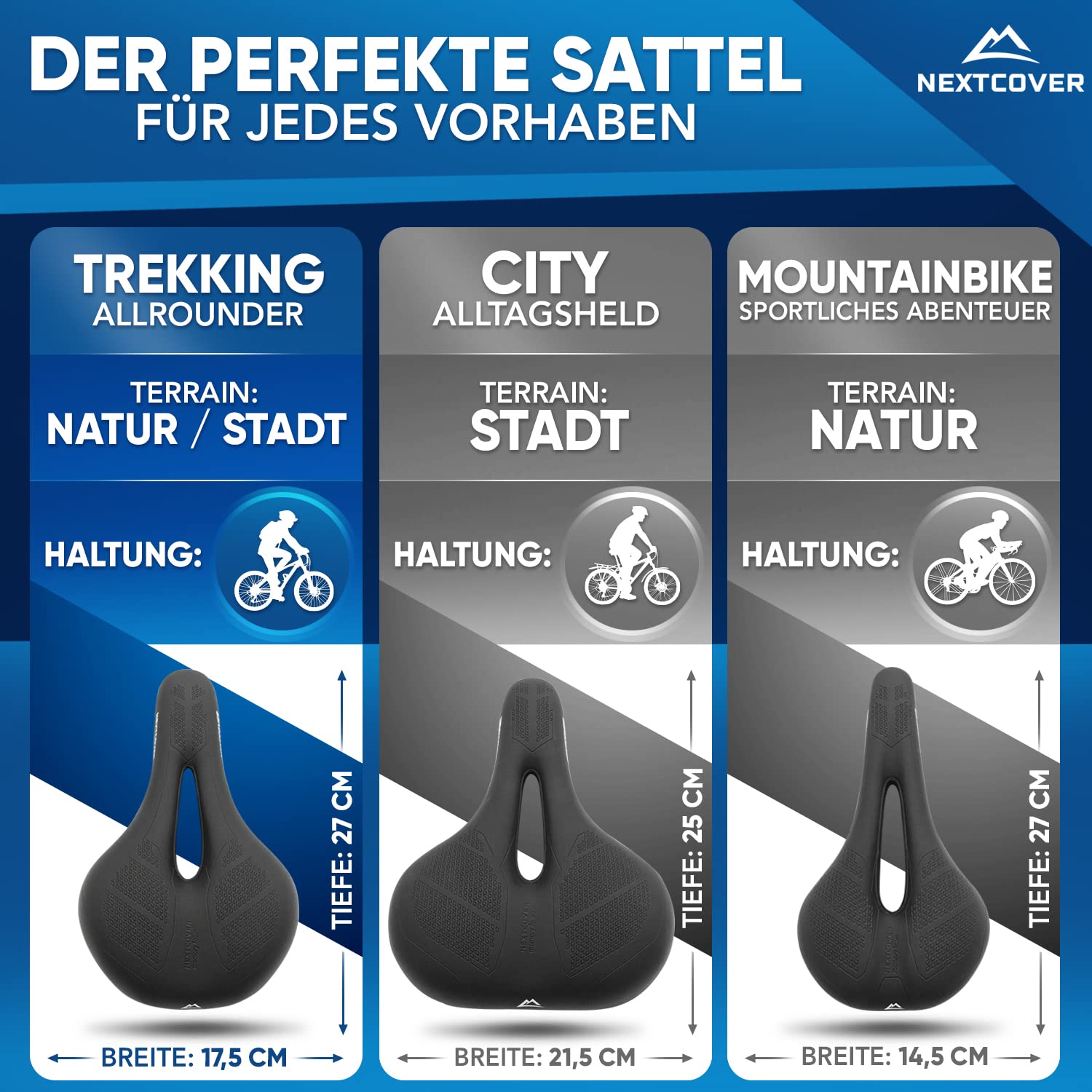 NEXTCOVER® Fahrradsattel mit Memory-Foam 2.0 und [Volume-Air] Federung I maximaler Fahrkomfort I ergonomischer Fahrrad Sattel für Damen & Herren I Sattel bequem I Rennrad, Trekking, City