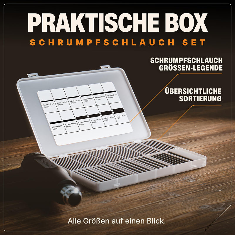 BAURIX® Schrumpfschlauch Set 180 Stück I 3:1 Schrumpfverhältnis I Schrumpfschlauch wasserdicht mit Heißkleber-Innenschicht I wasserfeste Versiegelung IP67 I Länge pro Isolierschlauch 88mm