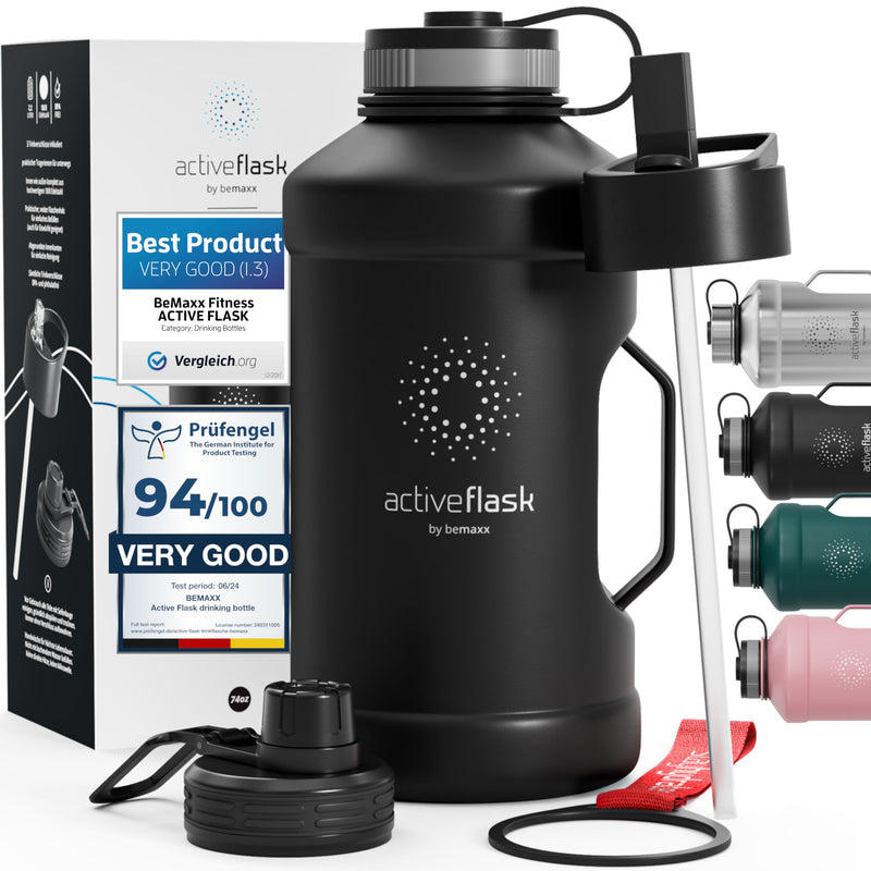 BeMaxx Trinkflasche Edelstahl ACTIVE FLASK + Strohhalm (3 Deckel) | Große 2,2 Liter Sportflasche BPA-frei Auslaufsicher Kohlensäure geeignet, 2l XL Wasserflasche Sport Outdoor Fitness Wasser Flasche