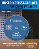 STONE REEF Sägeblatt 305x30 - Kreissägeblatt [Adapter auf Bohrung 16/20/22,23/25,4mm], kompatibel mit Tauchsäge & Kreissäge von Bosch, Makita usw.; Sägeblatt Kreissäge Nagelfest für Holz, Metall & Alu