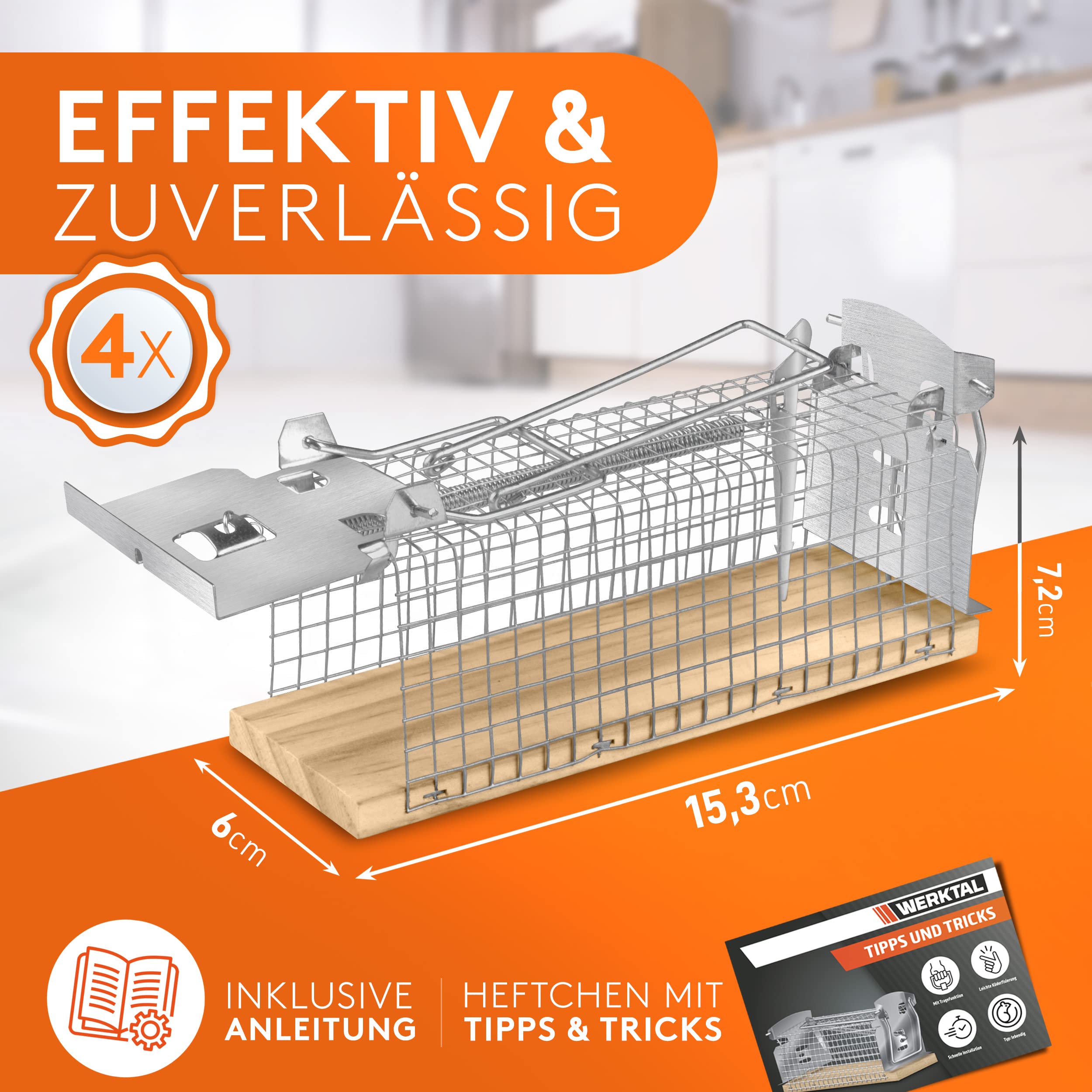 WERKTAL Mausefalle lebend - Hochsensitive Lebendfalle Maus [4er Set] - Tierfreundliche Mäusefalle mit Doppeltür - Einfache Köderfixierung - Wiederverwendbare Rattenfalle lebend - Mit Tipps & Tricks