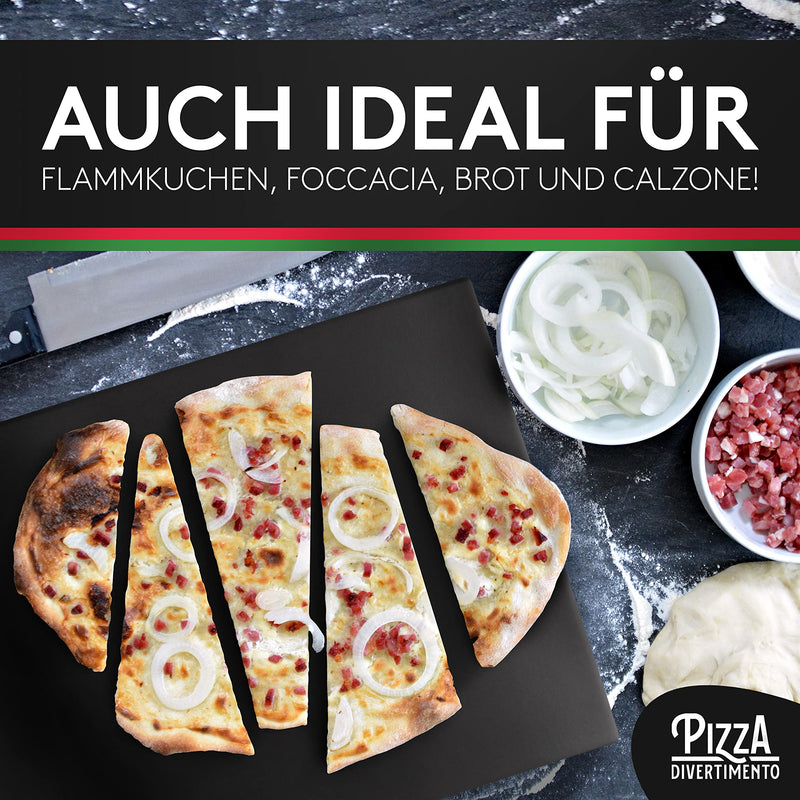 Pizza Divertimento [DAS ORIGINAL - Pizzastein für Backofen und Gasgrill [3er Set] - Mit Pizzaschieber & Pizzaschneider - Cordierit Pizza Stein - Pizza Stone knuspriger Boden - Inkl. e-Rezeptbuch