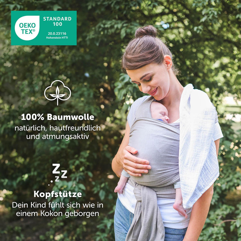 Laleni Tragetuch Baby Neugeborene aus 100% Bio-Baumwolle - Babytragetuch OEKO-TEX Zertifiziert bis 15 kg, Einfach Anzuziehen für Mütter und Väter, Waschmaschinengeeignet, Grau