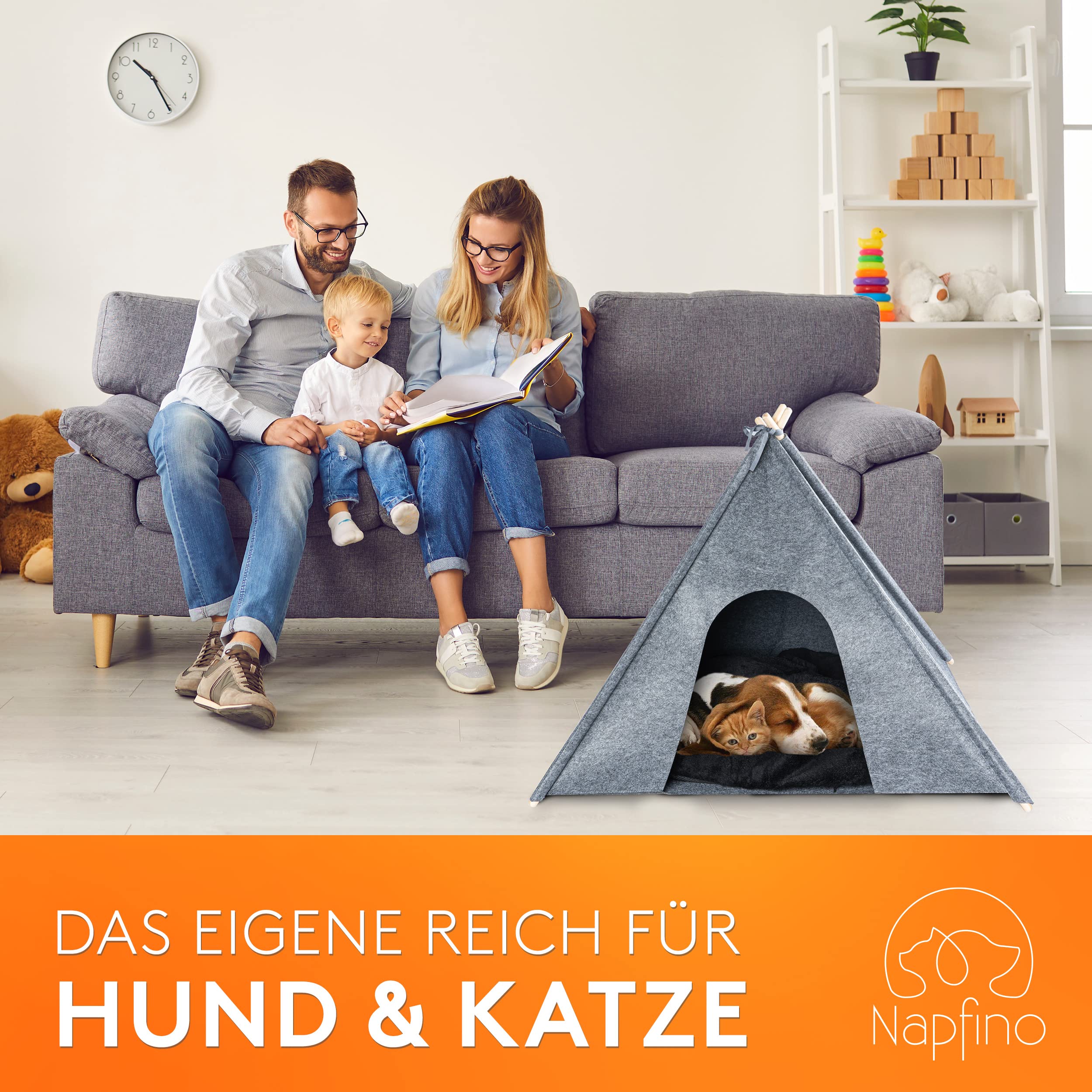 NAPFINO - Gemütliche Hundehöhle & Katzenhöhle - Angenehme Hundehütte Indoor aus Filz - Hundezelt mit weichem Kissen & Anti Milben Bezug - Für Balkon, Garten & Wohnzimmer - Inkl. Spielzeug (Größe S)