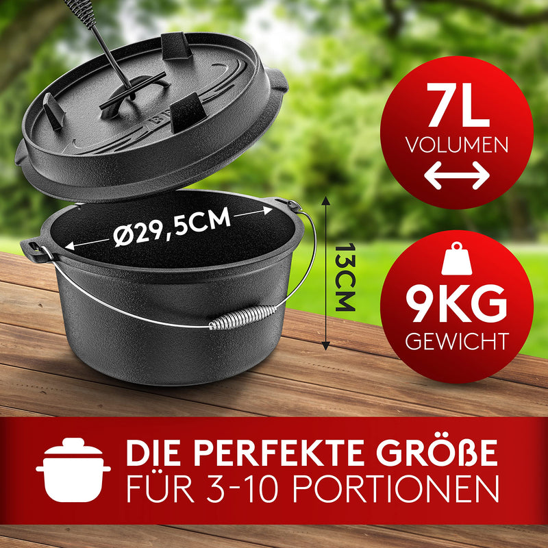 BBQ Dutch Oven - Dutch Oven Set [9L] - Für Induktion geeignet - Mit Topfständer - Eingebrannter Feuertopf aus Gusseisen - inkl. Deckelheber & e-Book