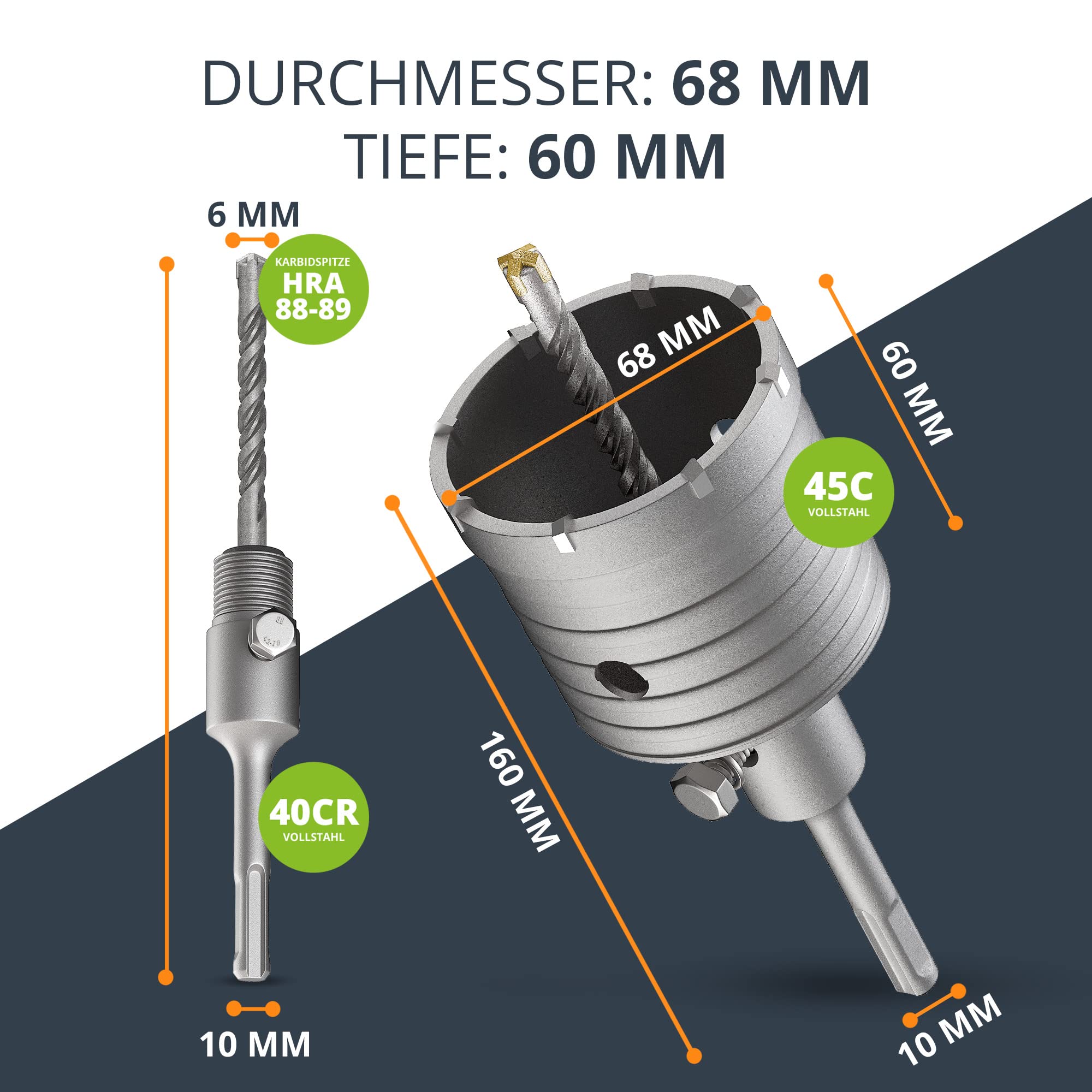 BAURIX® Hohl-Bohrkrone 68mm SDS Plus [8 Karbid-Zähne] I Dosensenker Hammerschlagfest I Für Unterputzdosen, Steckdosen I Mauerwerk, Stein, Beton, Trockenbau, Ytong I Steckdosenbohrer, Kronenbohrer