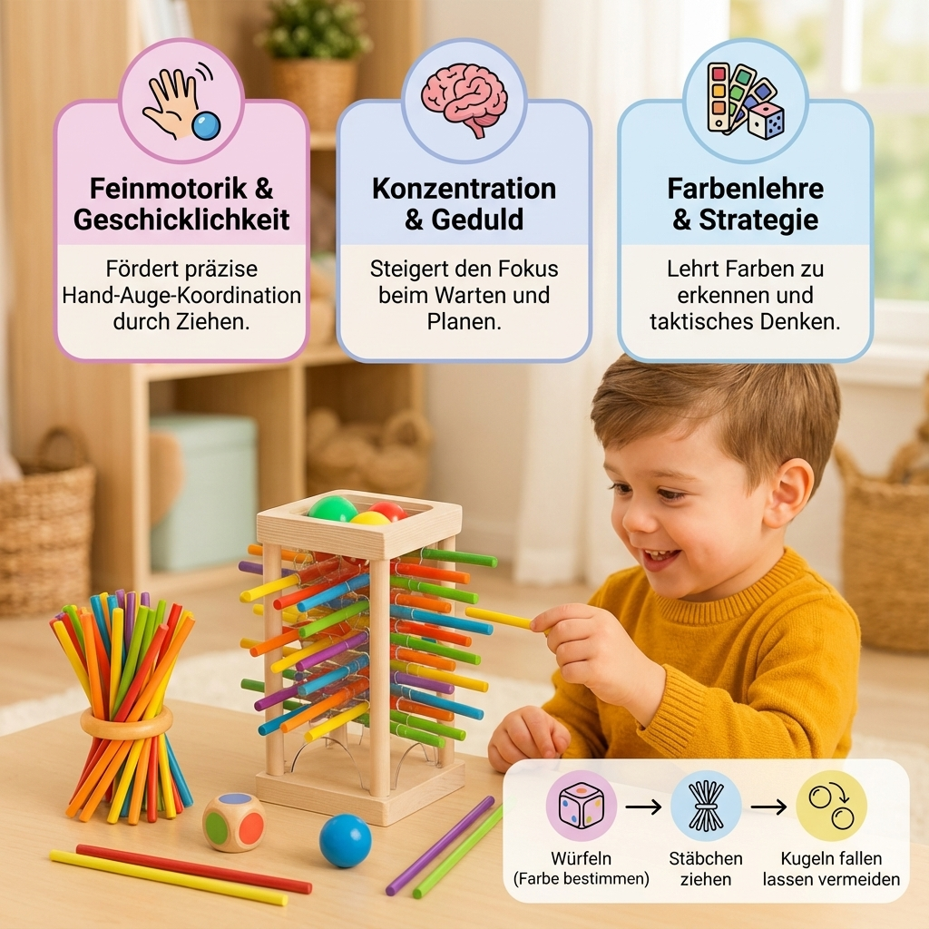 Rebolet | 3-in-1 Montessori Holz Geschicklichkeitsspiel Kugel & Stäbe