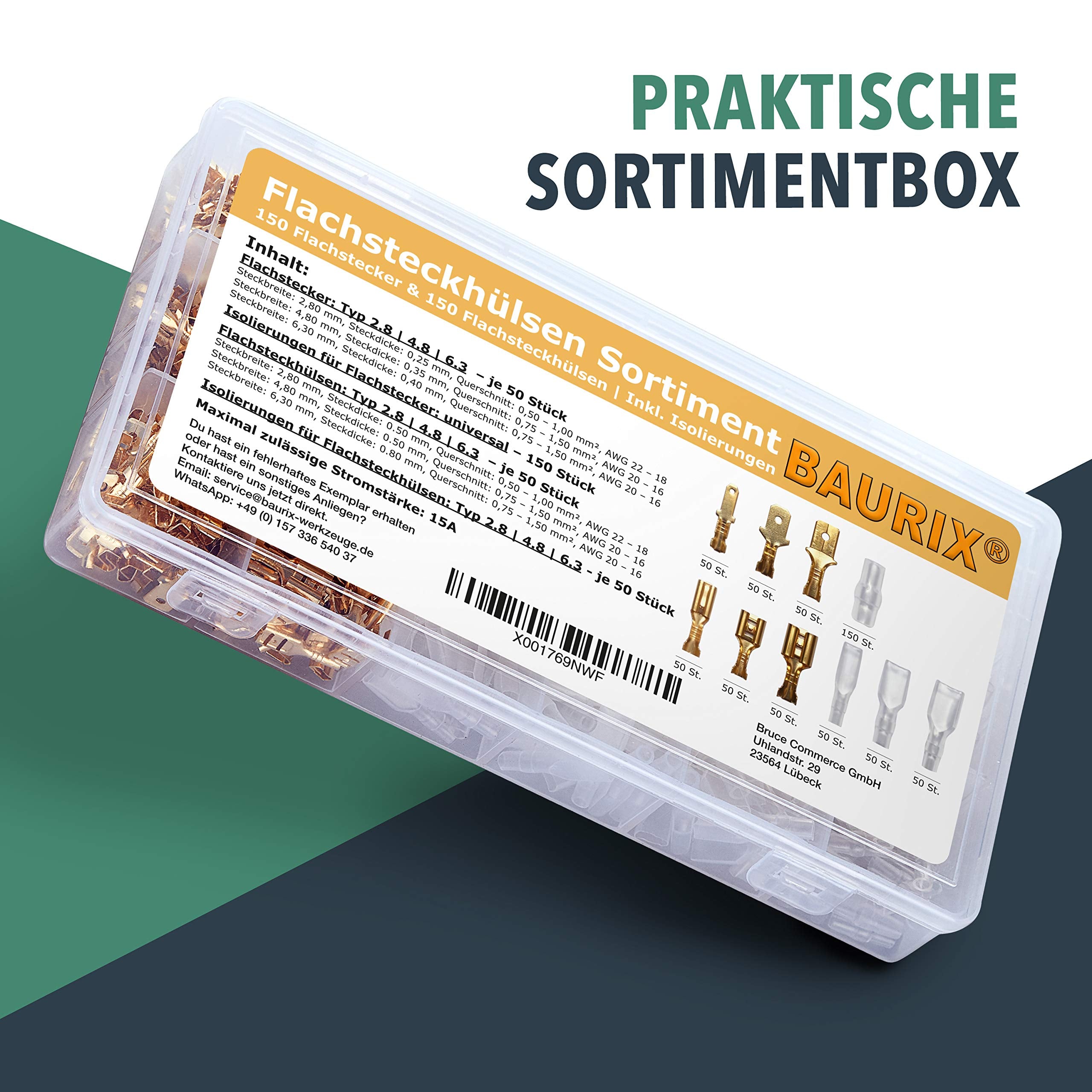 BAURIX® Flachsteckhülsen Set 300 Stück I 2,8 mm 4,8 mm 6,3 mm I Steckverbinder Sortiment I Flachstecker Männlich & Weiblich I Isolierte Kabelstecker