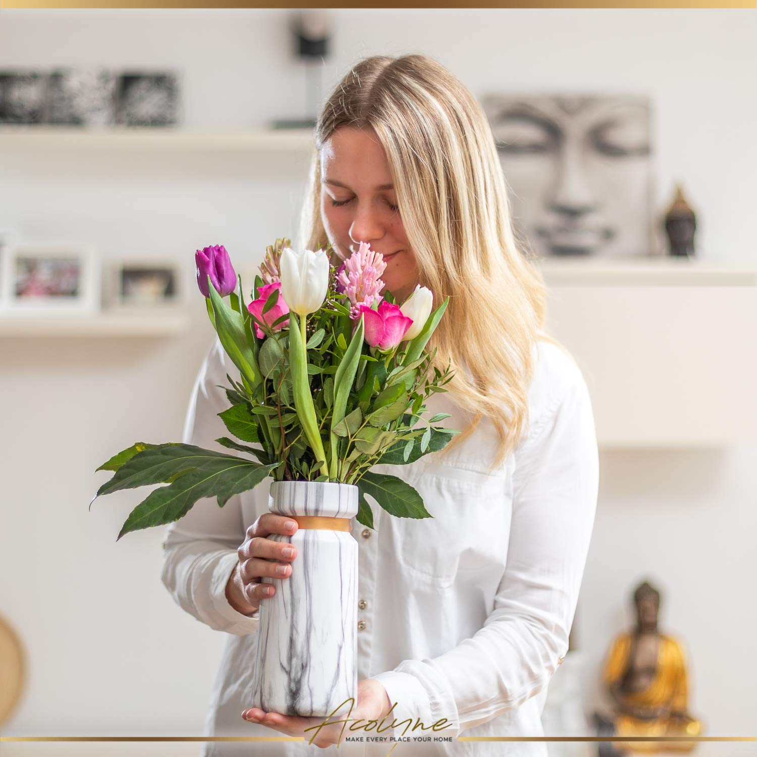 𝐀𝐜𝐨𝐥𝐲𝐧𝐞® Vase für Pampasgras aus Hochwertiger Keramik [MIT REINIGUNGSSCHWAMM & EBOOK] als Moderne Blumenvase in Weiß-Gold | Bodenvase Groß in Marmor-Optik | Vase Weiß