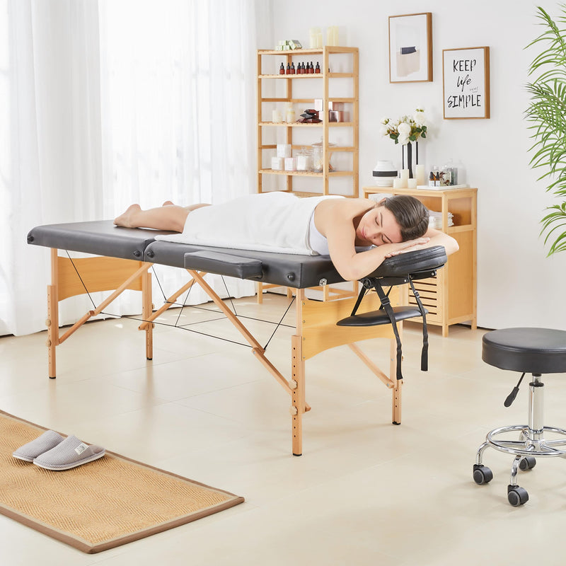 Yaheetech Mobile Massagelige 2 Zonen Massagetisch mit Holzfüßen und Tragetasche Höhenverstellbare Massagebank Klappbare Kosmetikliege 70 cm Breit, Schwarz