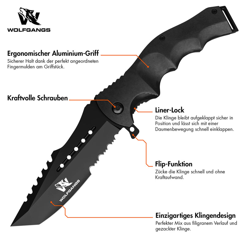 Wolfgangs UNDIQUE Einhand Klappmesser aus feinem 440C Stahl - Einhandmesser mit Leder-Holster - Outdoor Messer mit Multifunktions-Klinge - Starkes Survival Messer - Jagdmesser Bushcraft