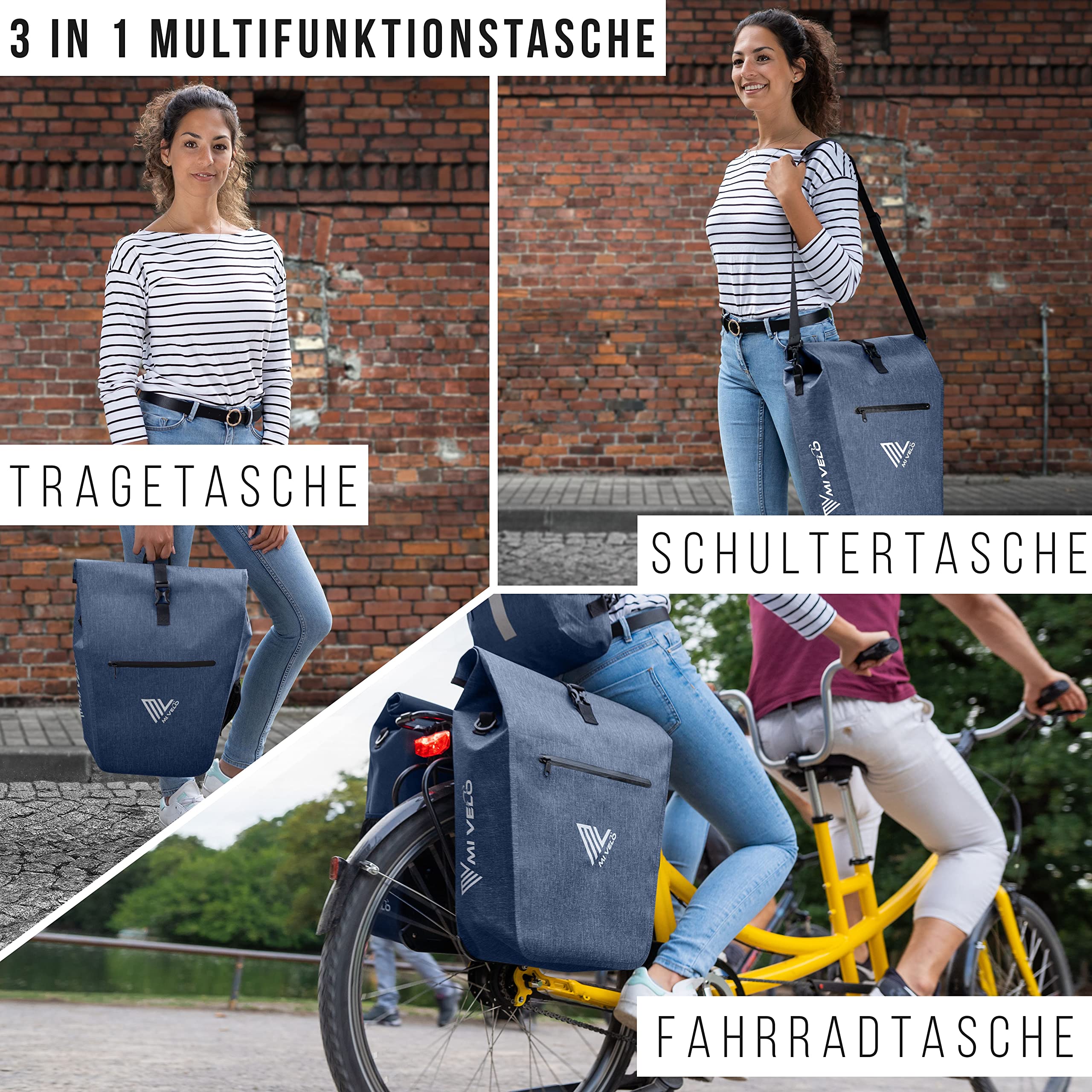 MIVELO 2in1 Fahrradtasche Gepäckträgertasche wasserdicht 100% PVC frei + Laptopfach + Schloss – Fahrrad Tasche für Gepäckträger 1 STK Jeans-blau