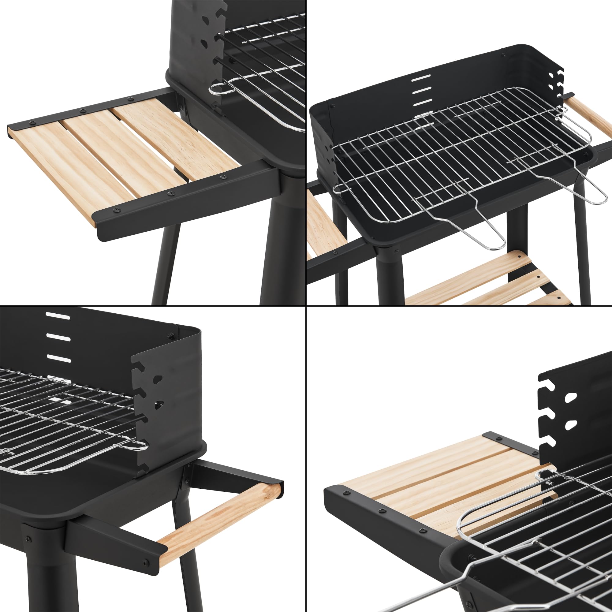 casa.pro Grillwagen Ari Holzkohlegrill BBQ Grillrost aus emailliertem Edelstahl Gartengrill 2 Räder Windschutz mit Grillrosthöhenverstellung 78x86x30cm Schwarz/Holz