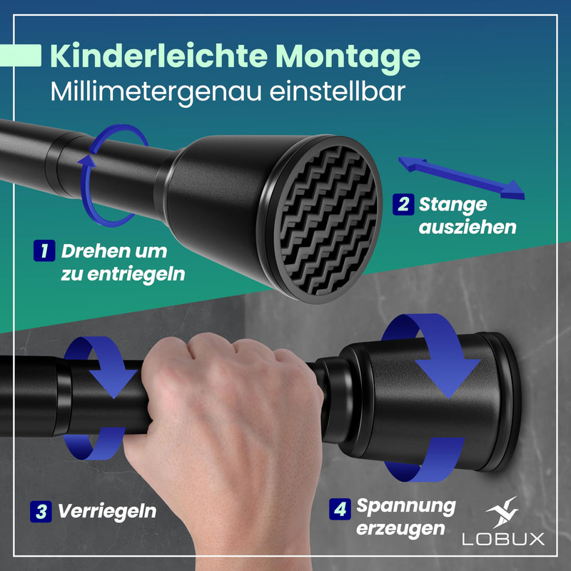 LOBUX® - Gardinenstange ohne bohren [schwarz, 260-350cm] – Teleskopstange Vorhang ausziehbar – Duschstange ohne bohren – Vorhangstange, Duschvorhangstange, Kleiderstange, Klemmstange Katzennetz