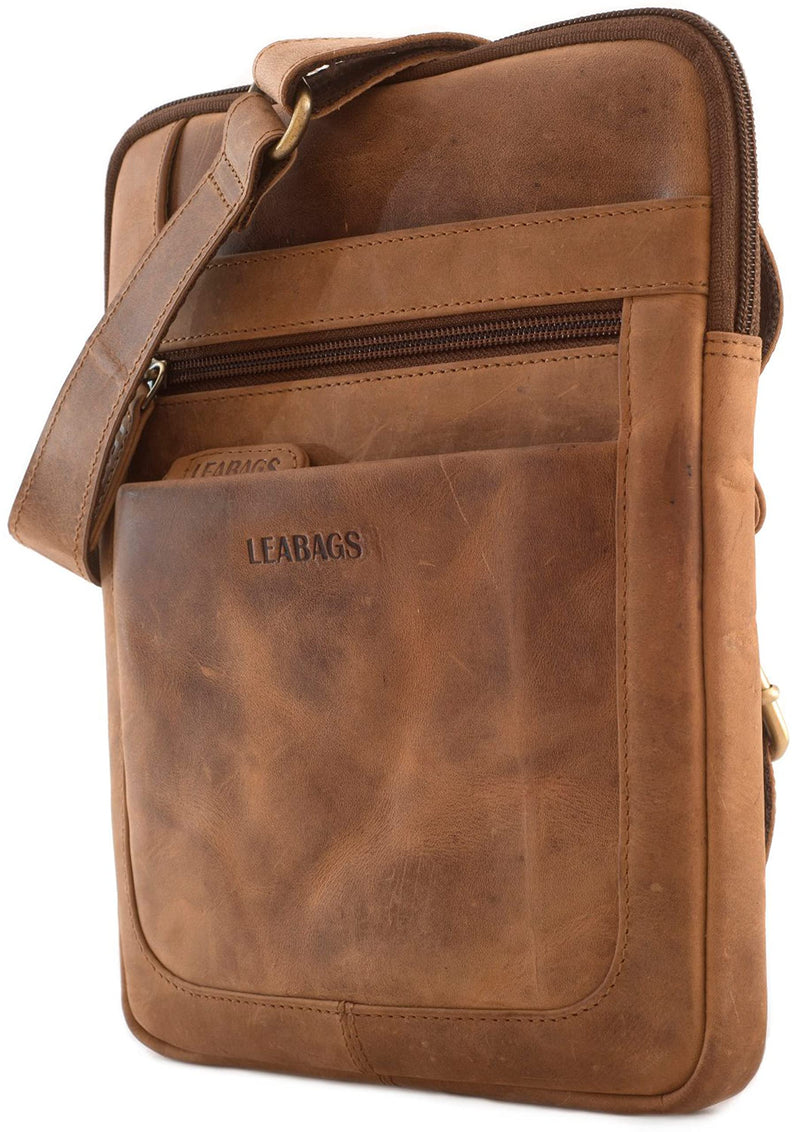 LEABAGS Leder Umhängetasche Herren & Damen I Messenger Bag mit Schultergurt I Schultertasche I Arbeitstasche I Tragetasche I Handtasche I Echtleder Tasche I Nature Hellbraun