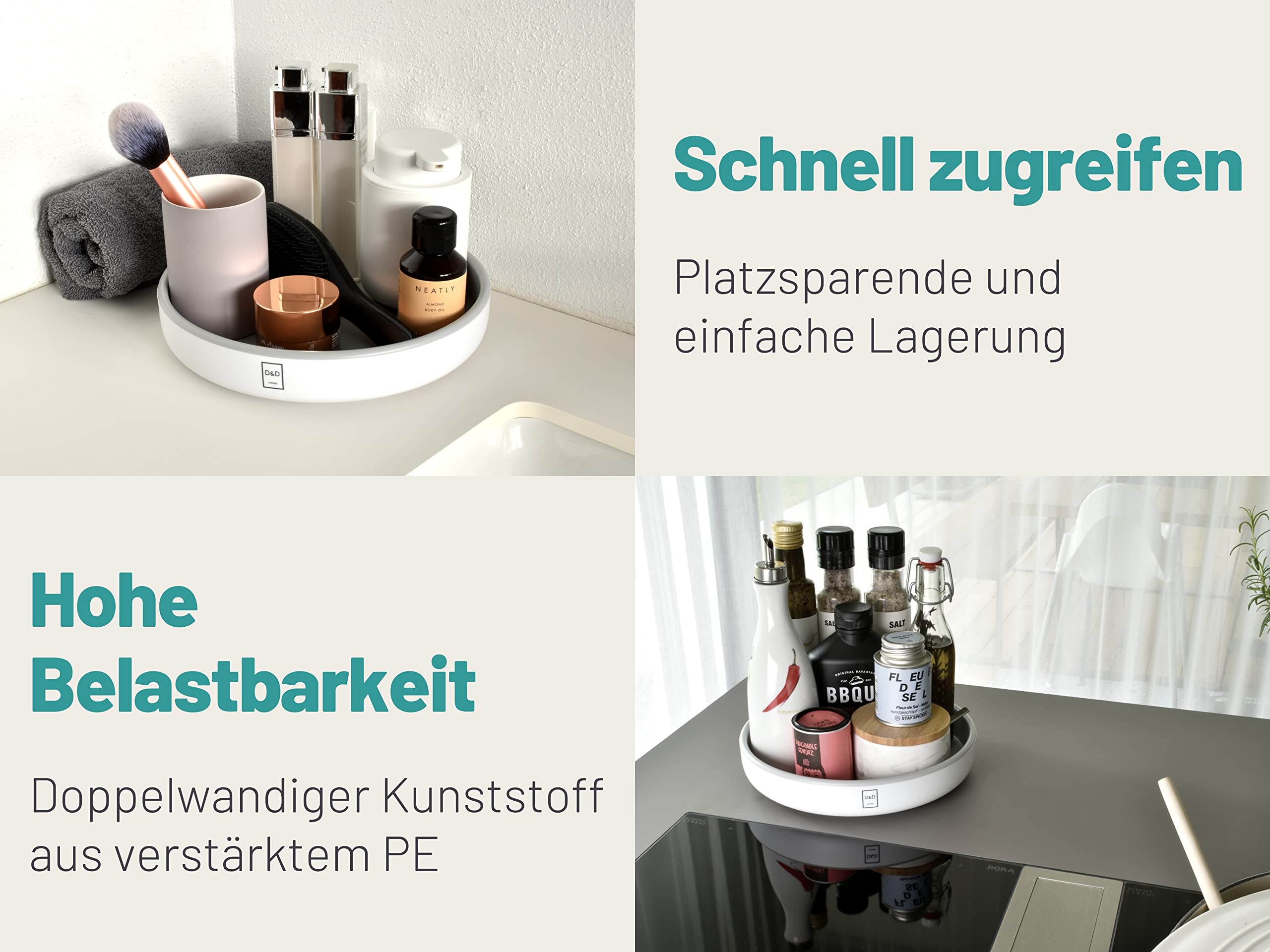 D&D Living® Drehteller Ø 25 cm - Küche & Kühlschrank Organizer drehbar | Lazy Susan Gewürzregal mit verstärktem Kunststoff | Rondell mit leiser Drehung