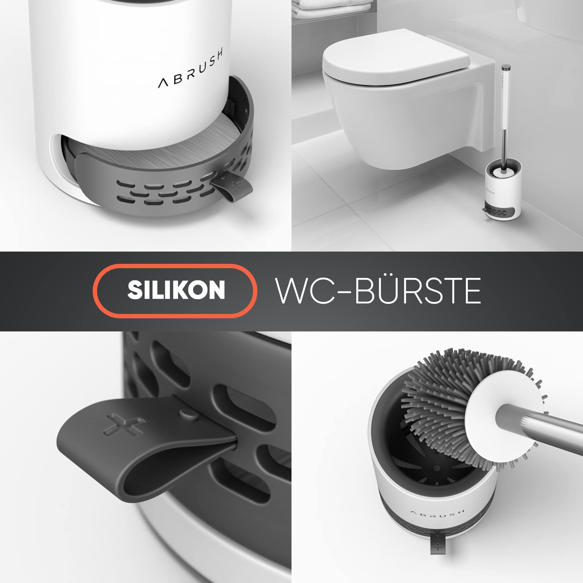 Abrush hochwertige WC Bürste aus Silikon - Premium Klobürste für eine saubere und hygienische Toilette - Toilettenbürstenhalter in weiß/grau mit Wandhalterung