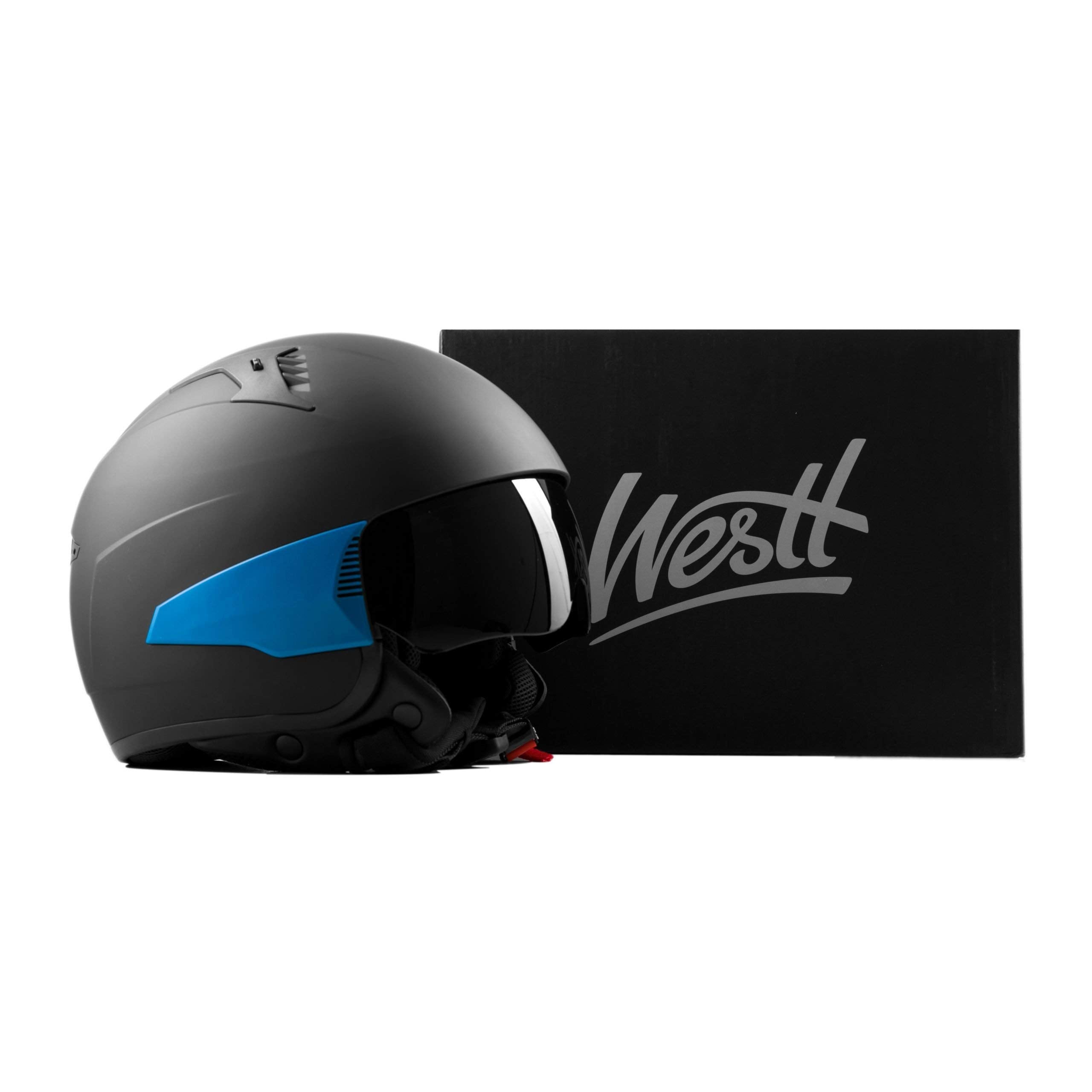 Westt Halbhelm Chopper Helm Jethelm Retro, Motorradhelm Herren Damen, Rollerhelm mit Sonnenblende Visier Chopper Roller Scooter Mofa Motorrad Helm, matt schwarz, ECE DOT Zertifiziert, M (55-56 cmcm)