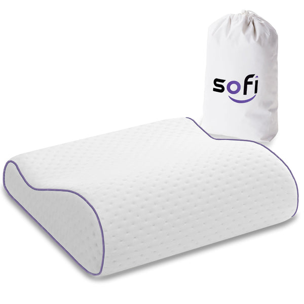 sofi Reise-Nackenkissen mit Lavendel Bezug | Orthopädisches & ergonomisches Nackenstützkissen | Aus Visco-Gelschaum, Memory Foam | Reisekissen, Kopfkissen für unterwegs 35 x 32 x 10/8 cm