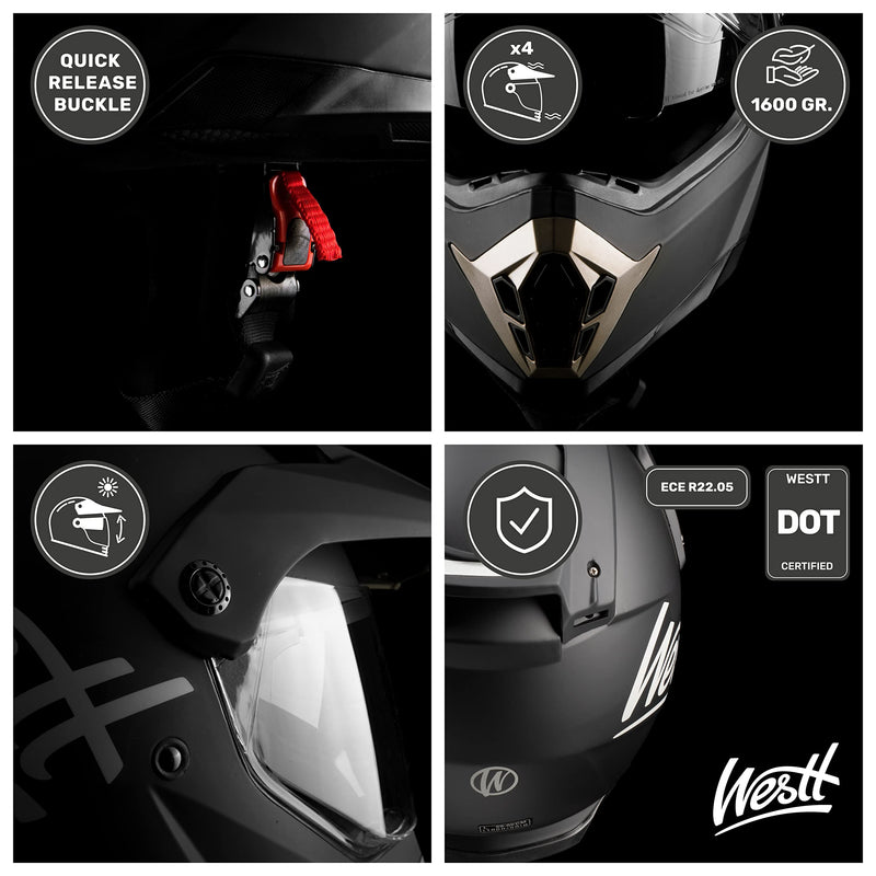 WESTT Cross X Motorrad-Helm I Motocross-Helm I Motorradhelm schwarz-matt I Motocross-Helm mit Visier I Cross-Helm-Herren I Fullface-Helm I MTB-Helm I Quad-Helm I ECE Zertifiziert I Größe L