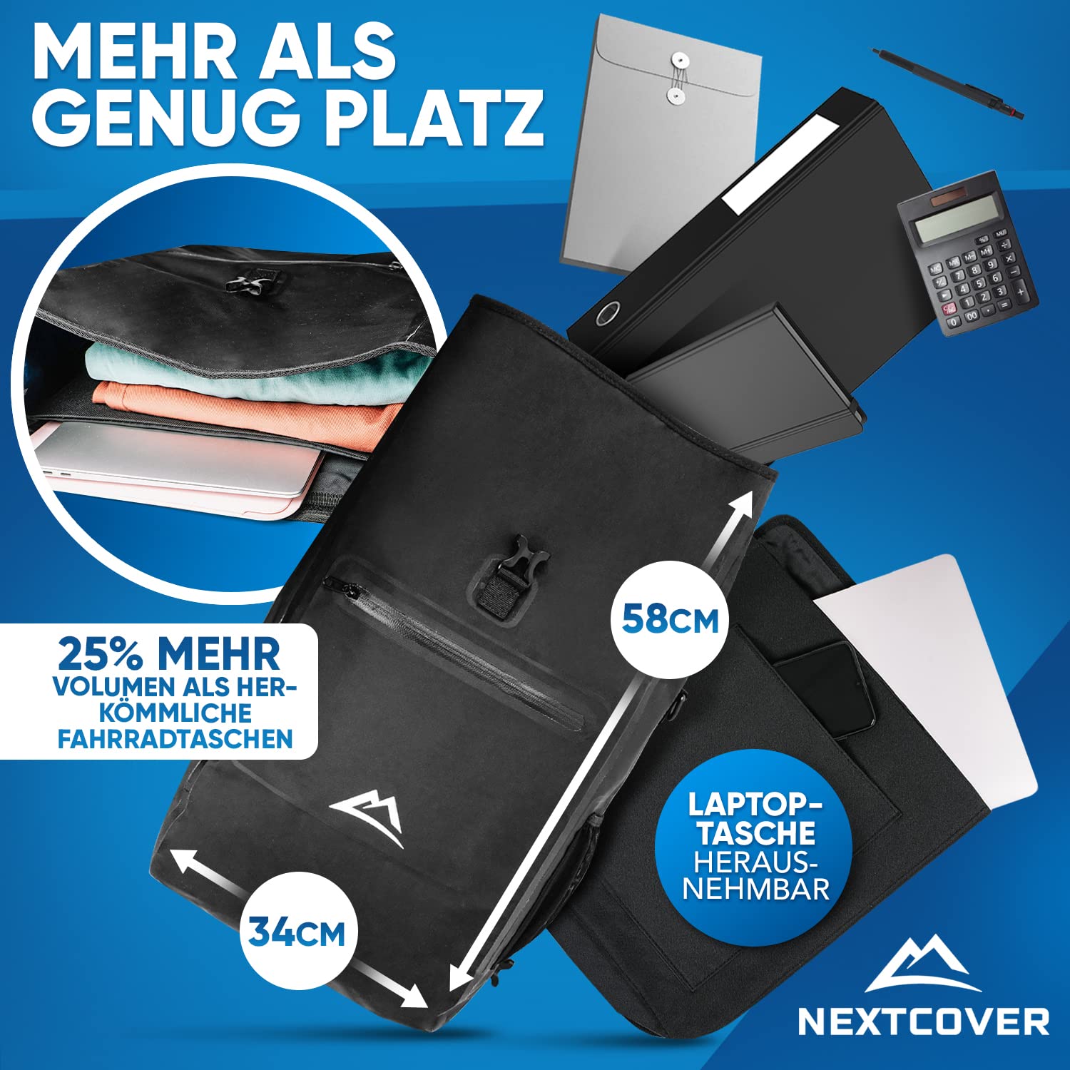 Nextcover® NEU 3in1 Fahrradtasche für Gepäckträger [Aquashield] - Verwendbar als Gepäckträgertasche, Rucksack und Umhängetasche [25 Liter] inkl. Laptoptasche I wasserdichte Fahrrad Tasche (Schwarz)