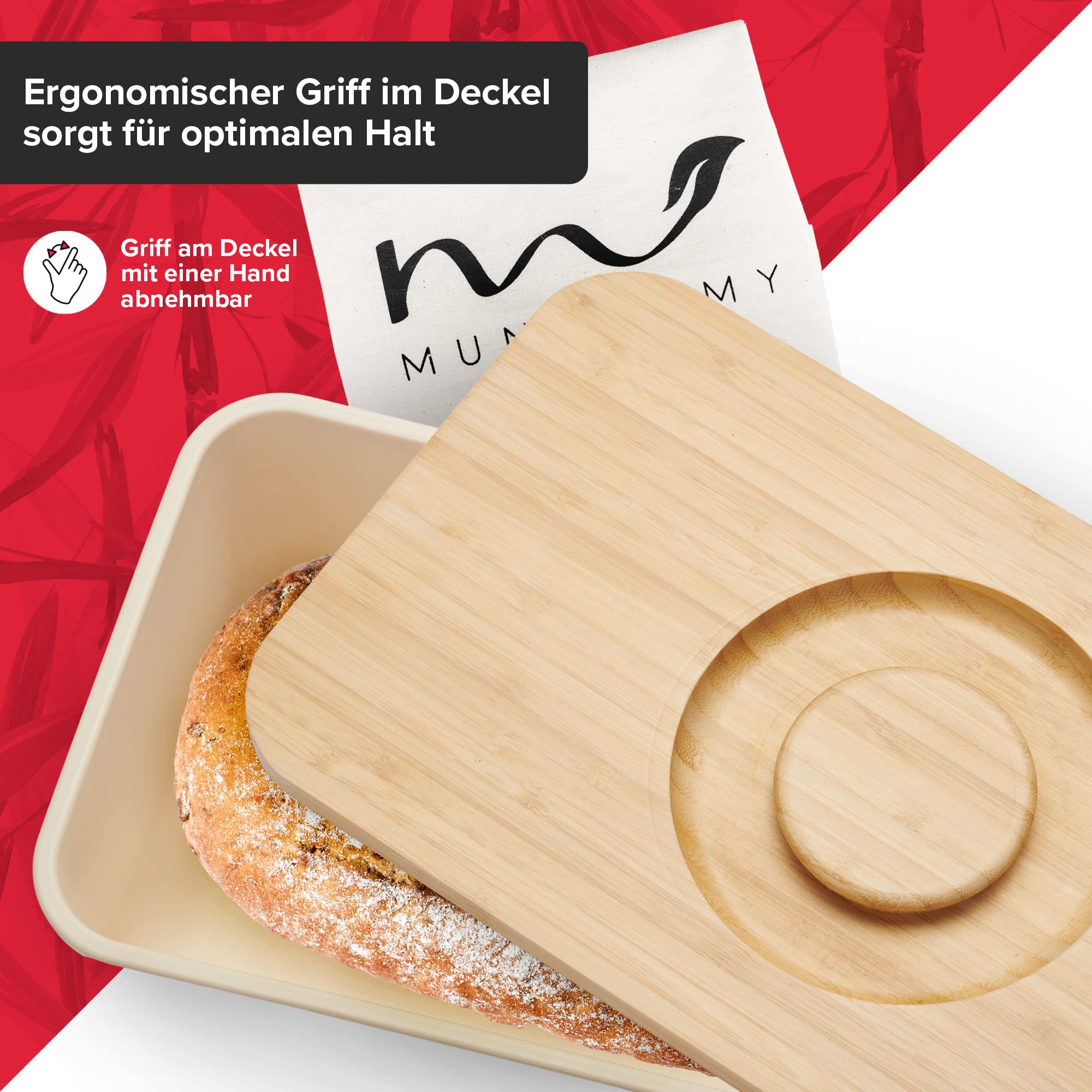 Munroomy Brotkasten mit Schneidebrett & Baumwoll-Beutel - gegen schimmeln & austrocknen - ideal zum Brötchen & Brot aufbewahren - Brotbox mit Deckel