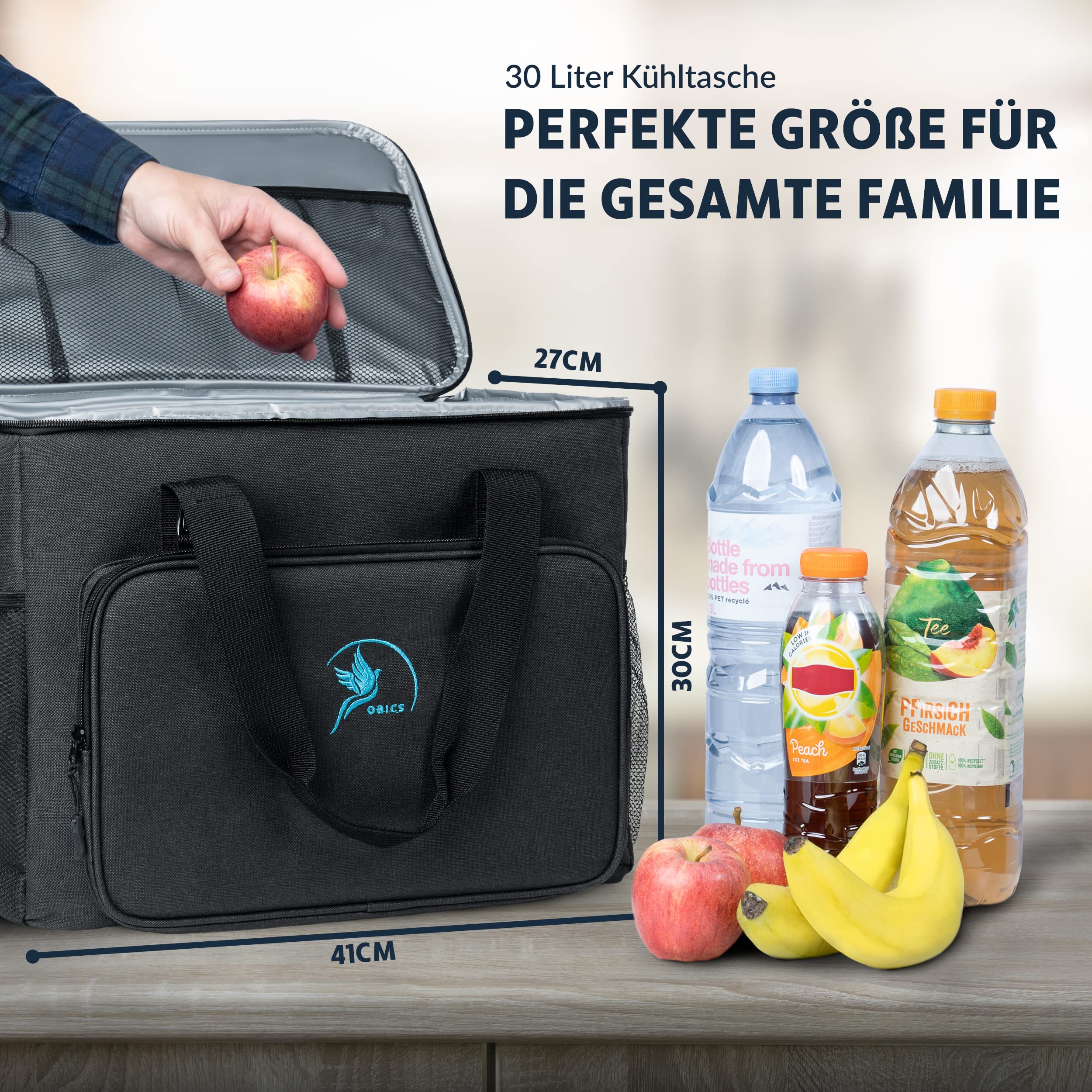 Obics Kühltasche Gross Kühlbox 30L Schwarz Thermotasche für Essen auf Arbeit - Isoliertasche für Herren & Damen - Cool bag meal prep groß unterwegs - Gefrier-Tasche faltbar mit Fächer für Auto, Strand