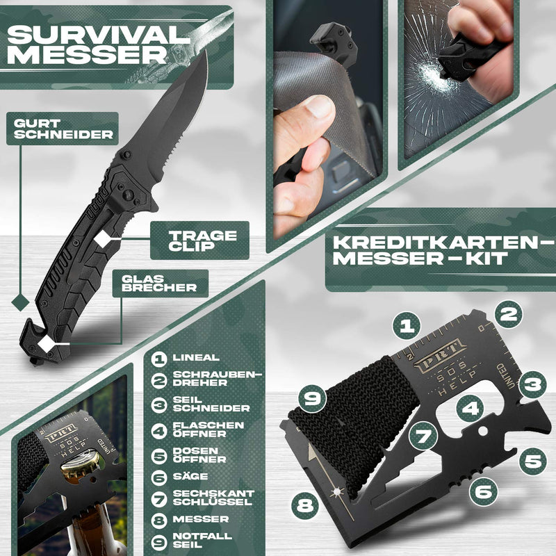 Jungle Monkey - Survival Kit militär - [Verbesserte Version 2021] - Mit hochwertigem Messer - Hand Kontrolliert - Wanderzubehör mit Verbandszeug - Optimal für Wandern und Camping