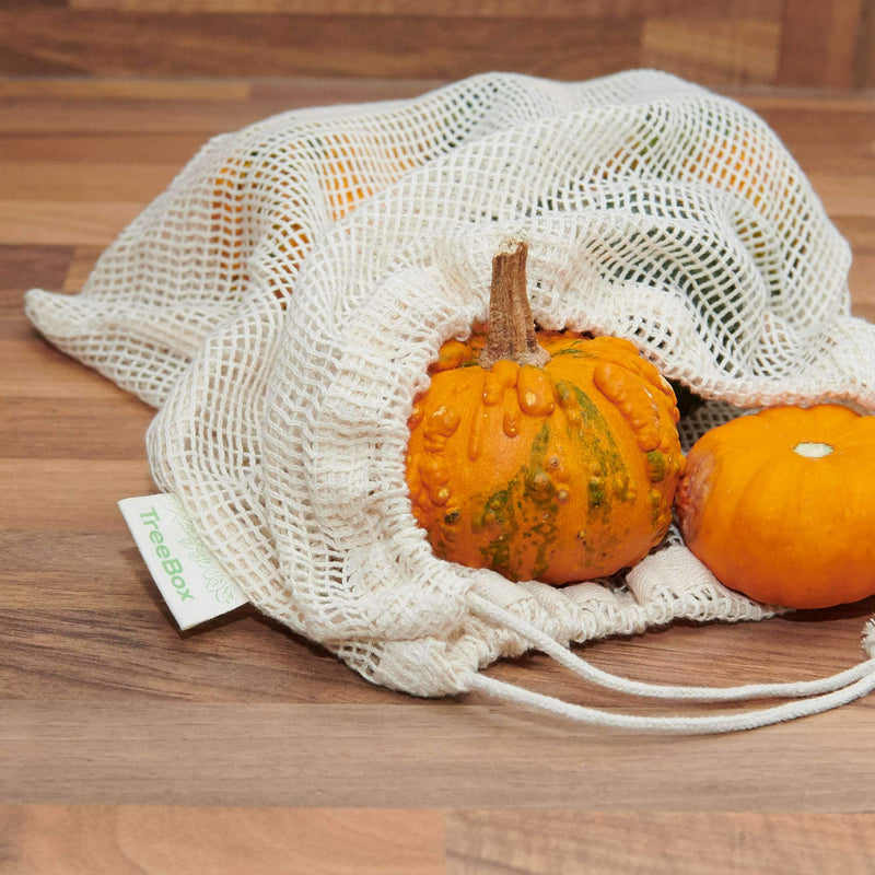 TreeBox Wiederverwendbare Obst- und Gemüsebeutel aus Baumwolle - 3er Set - Mit Gewichtsangabe und Feld für Etiketten - Umweltfreundliche Einkaufsnetze