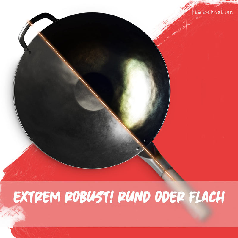 Flavemotion Wok [VOREINGEBRANNT]+ Wokring für Induktion, E-Herd (Flacher Boden, 30 cm) handgehämmerte Wokpfanne aus Karbonstahl inkl. Wokring zum Abstellen