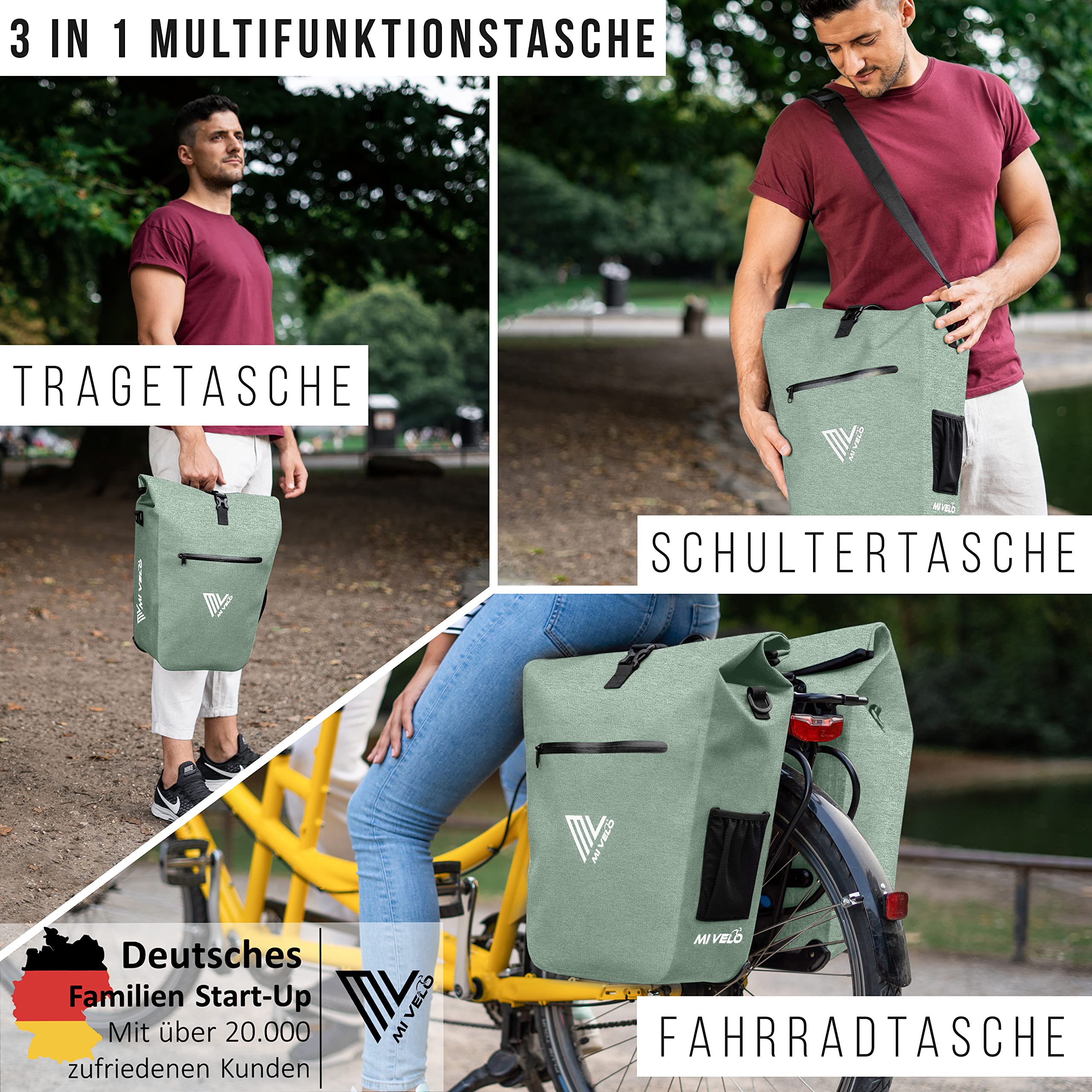 MIVELO 2in1 Fahrradtasche Gepäckträgertasche wasserdicht 100% PVC frei + Laptopfach + Schloss – Fahrrad Tasche für Gepäckträger 1 STK Mint