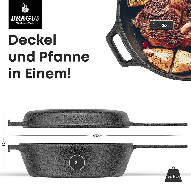 Gusseisen Topf 2in1 mit Grillpfanne/Deckel, Ø26cm, 3,0 L Casserole perfekt zum Brot backen oder Garen, Schmortopf Induktionsgeeignet, Gusseisen Bräter