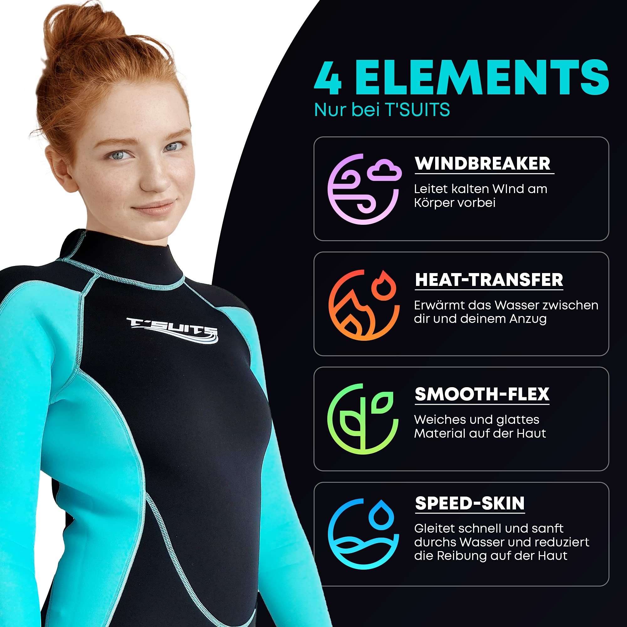 T´SUITS Neoprenanzug Damen [3mm, Lang, 4-Elements] | Tauchen, Schwimmen, Surfen, Kiten, Wasserski, Rafting - Jetzt Größe Wählen (XL, Damen Schwarz/Aquamarine)