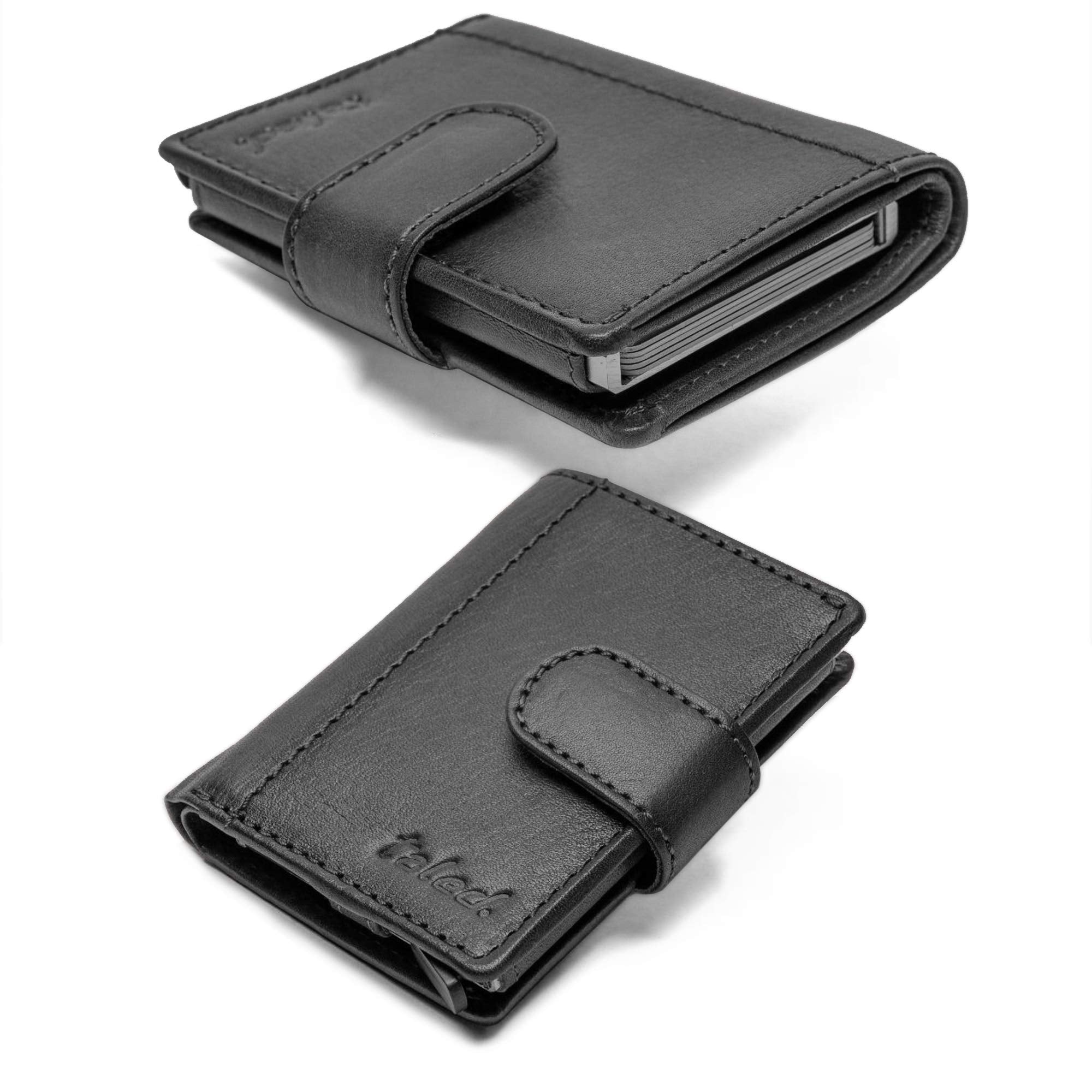 TALED Kartenetui RFID Geldbörse Leder l Praktisches Slim Wallet l RFID Schutz l Figuretta Kreditkartenetui Herren mit Münzfach l Premium smart Wallet l Bis 12 Karten l Schwarz