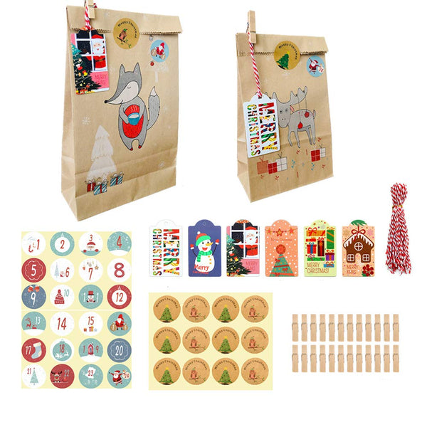 Adventskalender 2022 zum selber Befüllen und selbst Basteln, DIY Weihnachtskalender, Set 24 x Papierkrafttüten, Hangtag, Klammern, Aufkleber, ideal für Kinder