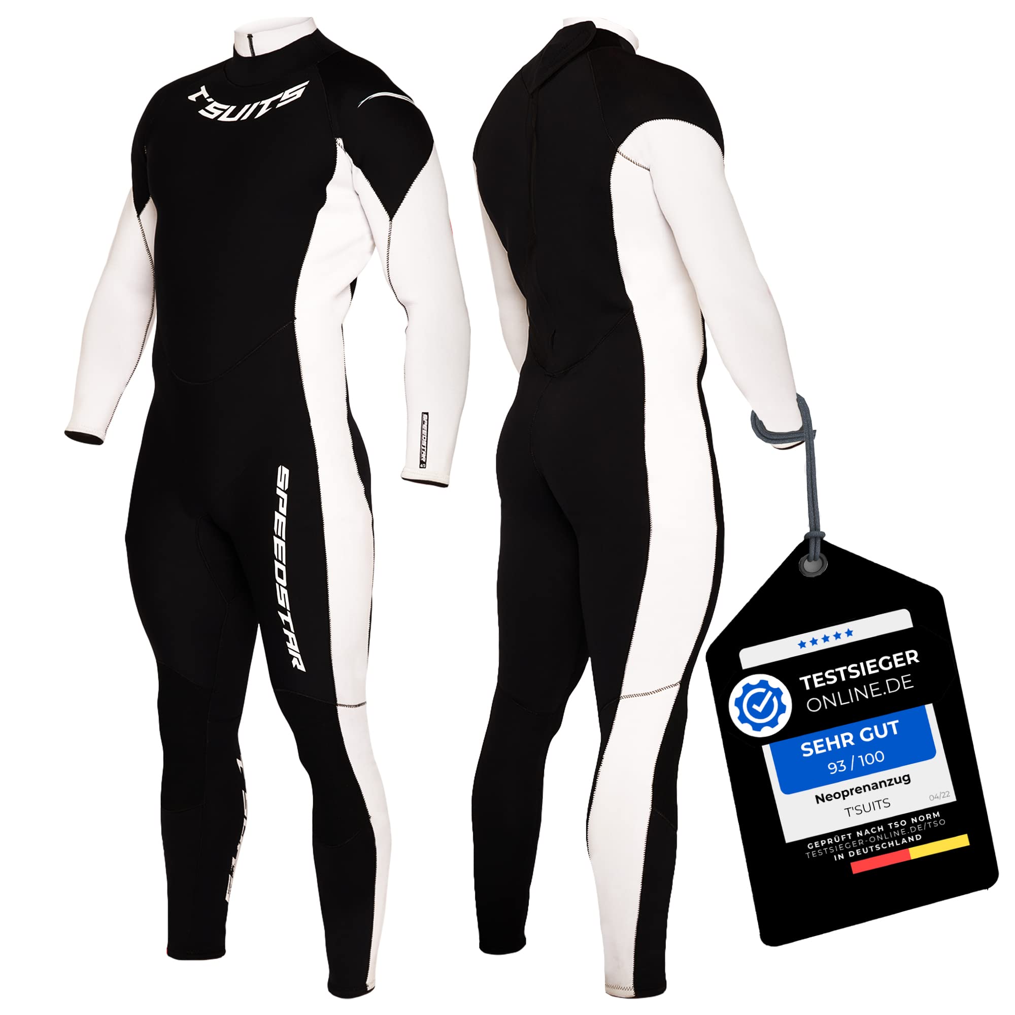 T´SUITS Neoprenanzug Herren [4/3mm, Lang, Speedstar] Tauchanzug, Schwimmen, Surfen, Tauchen, Wasserski | Jetzt Größe Wählen (L, Schwarz/Weiß)