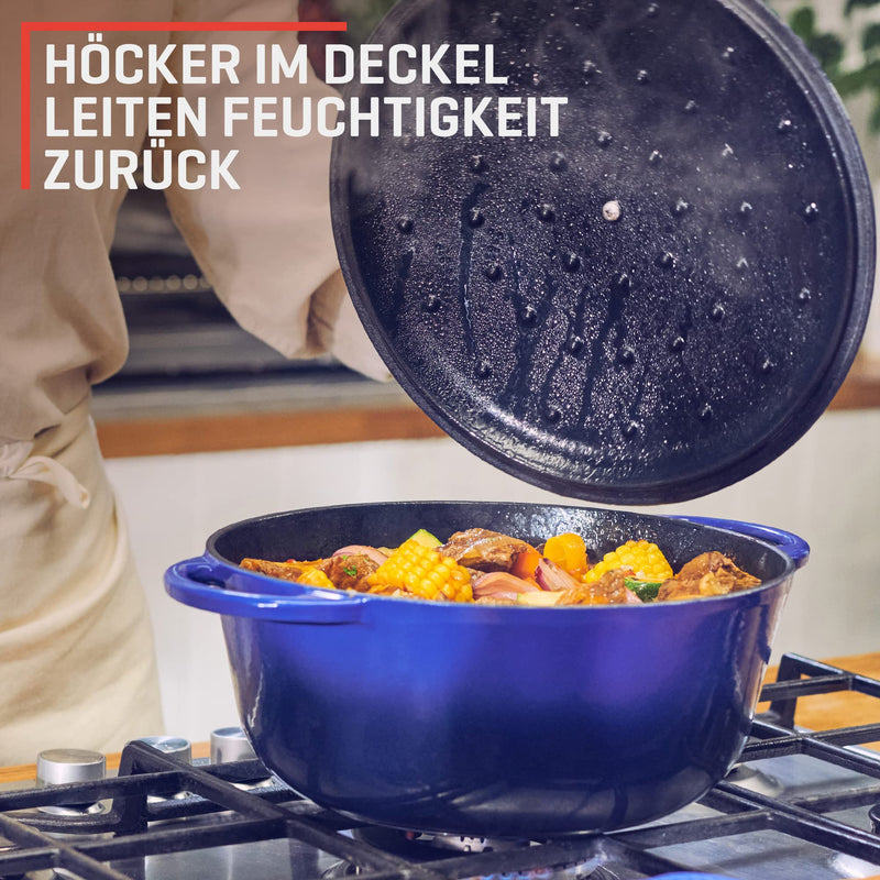 Uno Casa Blau Emaillierter Dutch Oven Gusseisen Topf - Dutch Oven 6 Liter Bräter mit Deckel, Langlebig, Natürliche Antihaft-Emaille-Beschichtung, Dutch Oven Set mit Silikongriffen und Untersatz