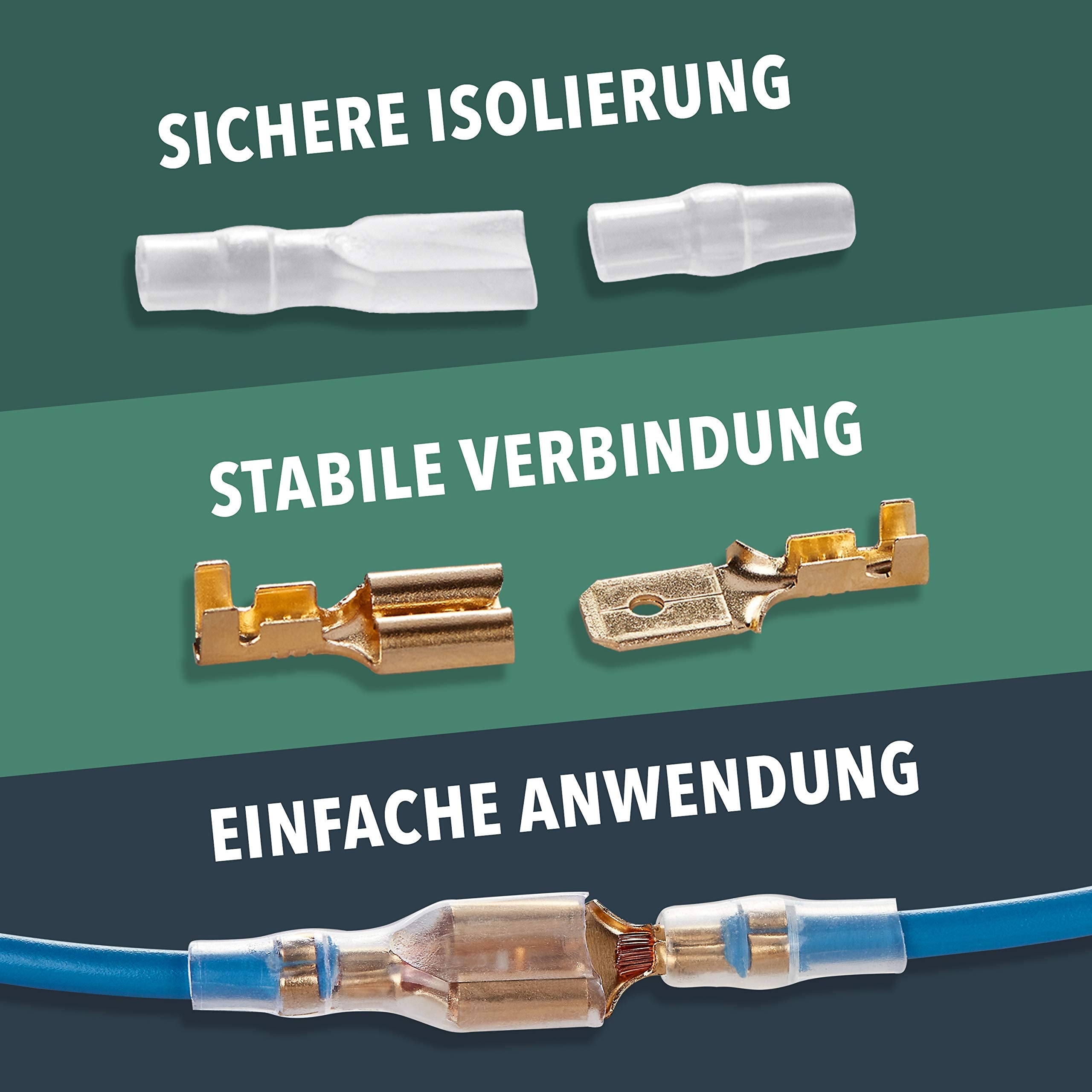 BAURIX® Flachsteckhülsen Set 300 Stück I 2,8 mm 4,8 mm 6,3 mm I Steckverbinder Sortiment I Flachstecker Männlich & Weiblich I Isolierte Kabelstecker