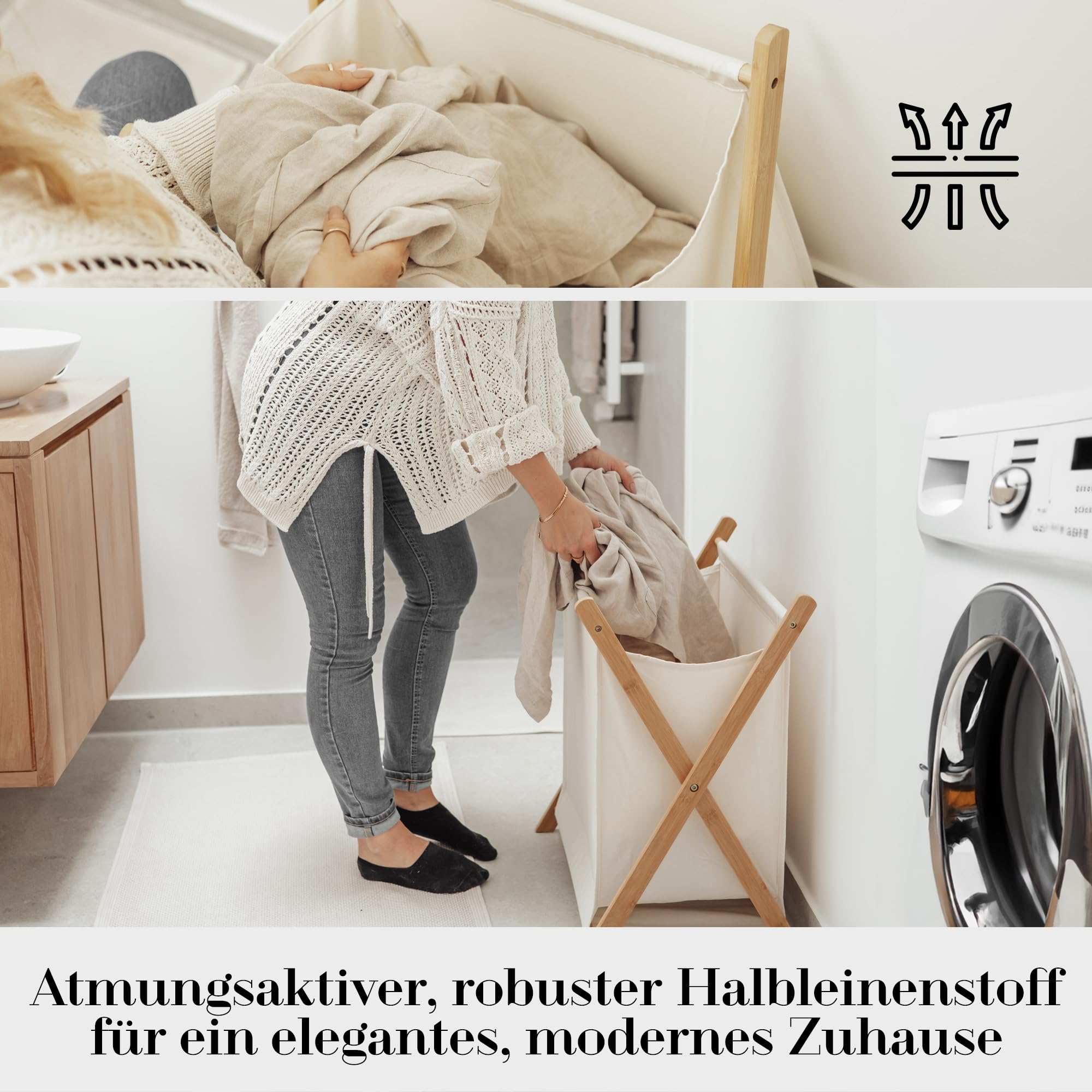 HeimGlück Wäschekorb - Wäschesammler beige [60l Halbleinen-Bambus Wäschekorb faltbar] nachhaltiger Wäschekorb klappbar, Wäschesortierer, Wäschetrenner, Wäschebox, laundry organizer | jetzt anschauen