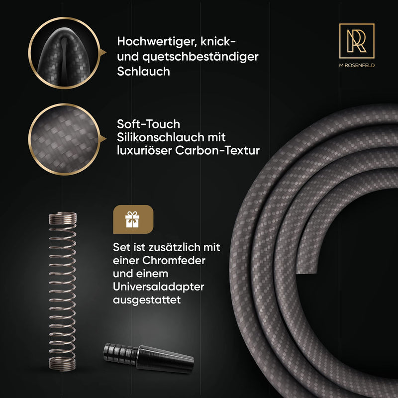 Shisha Schlauch mit Mundstück – 40cm Glasmundstück mit 150cm Soft Touch Silikonschlauch in Carbon Optik, Glas Shisha Schlauch Set