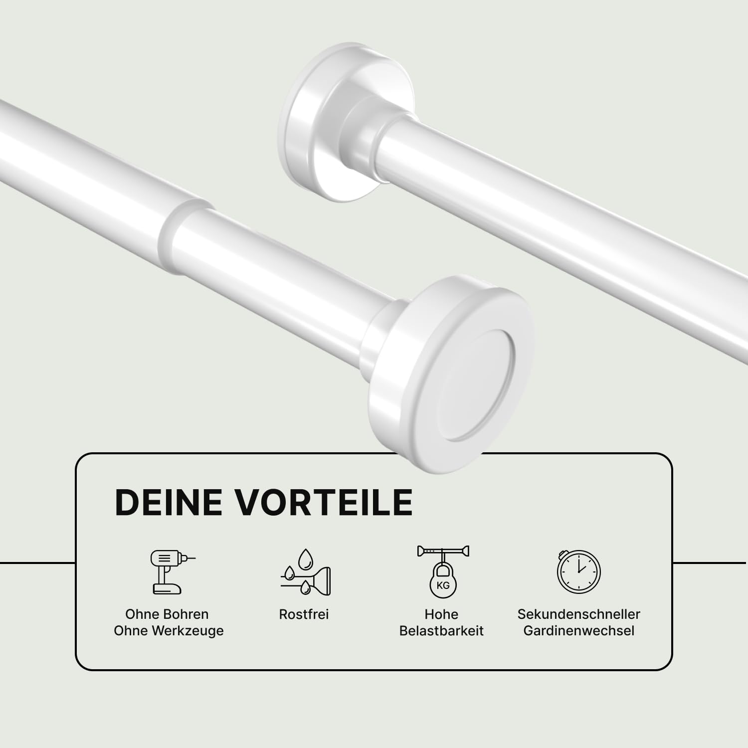 MEISENBERG Vorhangstange ohne Bohren 50-80cm - Gardinenstange zum Klemmen - Weiß - Spannstange Ausziehbar - Klemmstange für Gardinen - 1Stück