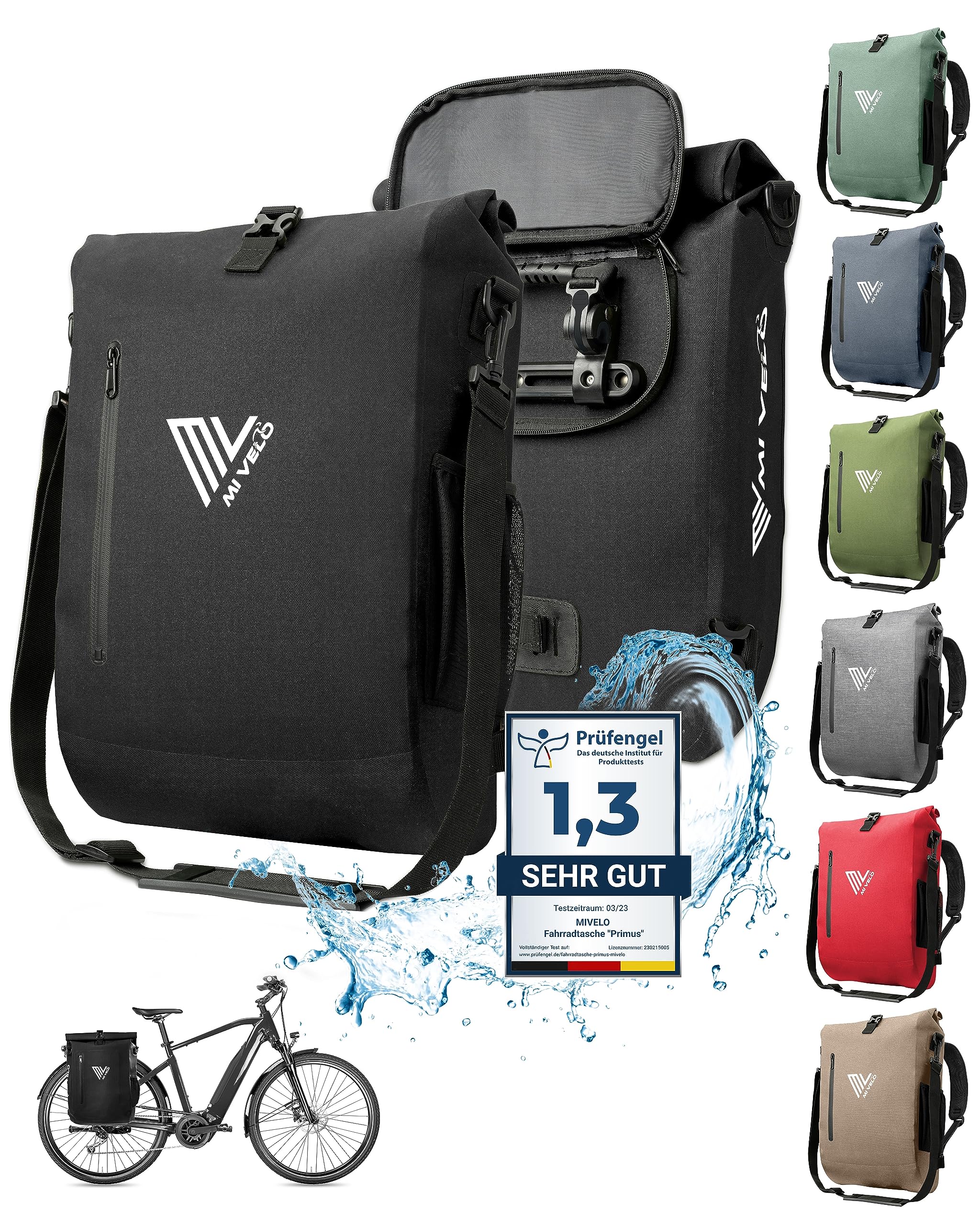 MIVELO - 3 in 1 Fahrradtasche - Rucksack - Umhängetasche wasserdicht, inkl. Laptopfach, für Fahrrad Gepäckträger Aller Art, (20L) schwarz