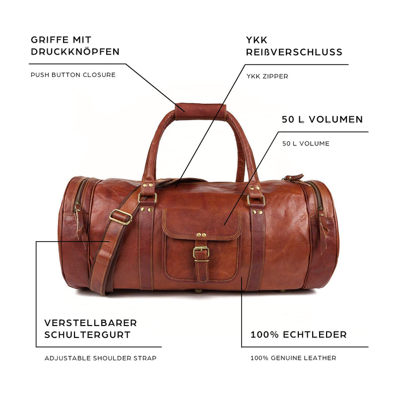 Leabags Leder Weekender Damen & Herren I Echtleder Premium Reisetasche I 50 l Sporttasche I Duffle Travel Gym Bag I Sporttasche I Trainingstasche I Tasche Flugzeug I Größe XL I Vintage Cognac