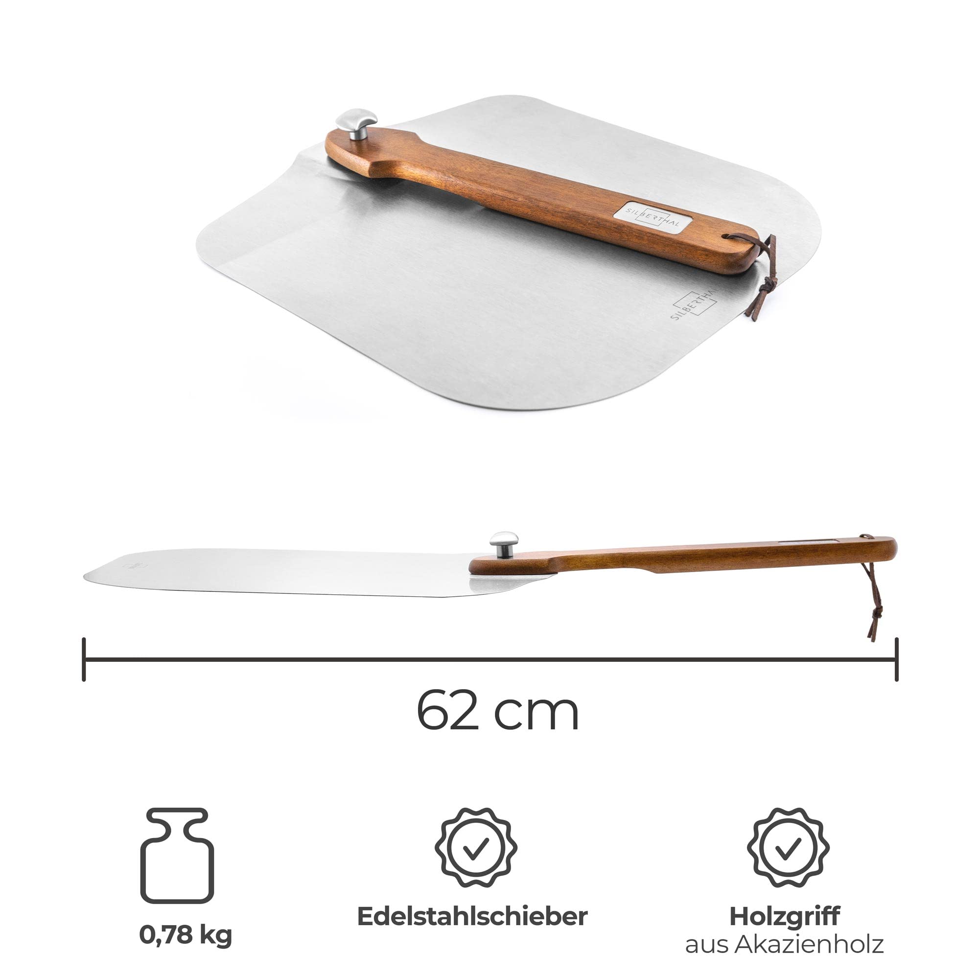 SILBERTHAL Pizzaschieber Set 30cm 2tlg - Mit Profi Pizzaschneider - Zubehör Set aus Edelstahl mit Akazienholz - Ideal für Pizza, Brote und Kuchen im Heimofen - Spülmaschinenfest