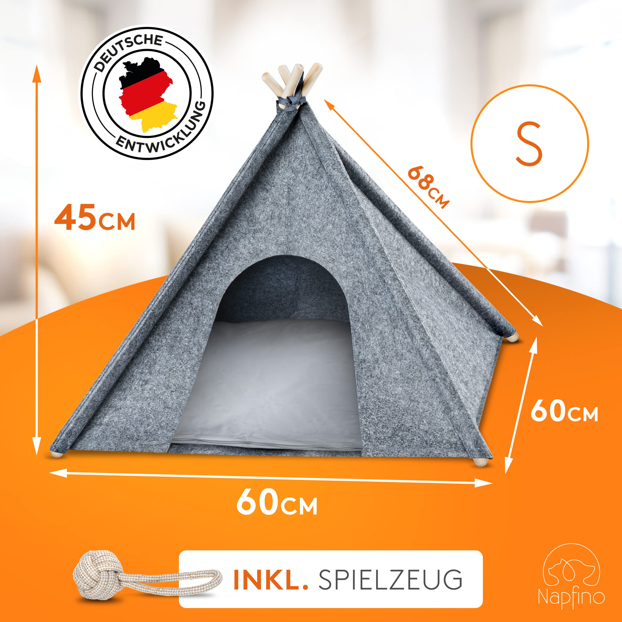 NAPFINO - Gemütliche Hundehöhle & Katzenhöhle - Angenehme Hundehütte Indoor aus Filz - Hundezelt mit weichem Kissen & Anti Milben Bezug - Für Balkon, Garten & Wohnzimmer - Inkl. Spielzeug (Größe S)