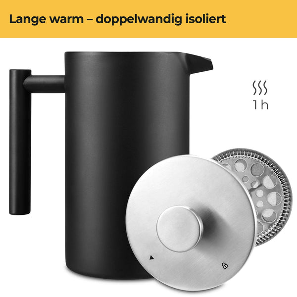 SILBERTHAL French Press Thermo 1 Liter - Kaffeebereiter Edelstahl - Doppelwandig isolierte Kaffeepresse - Ideal fürs Camping