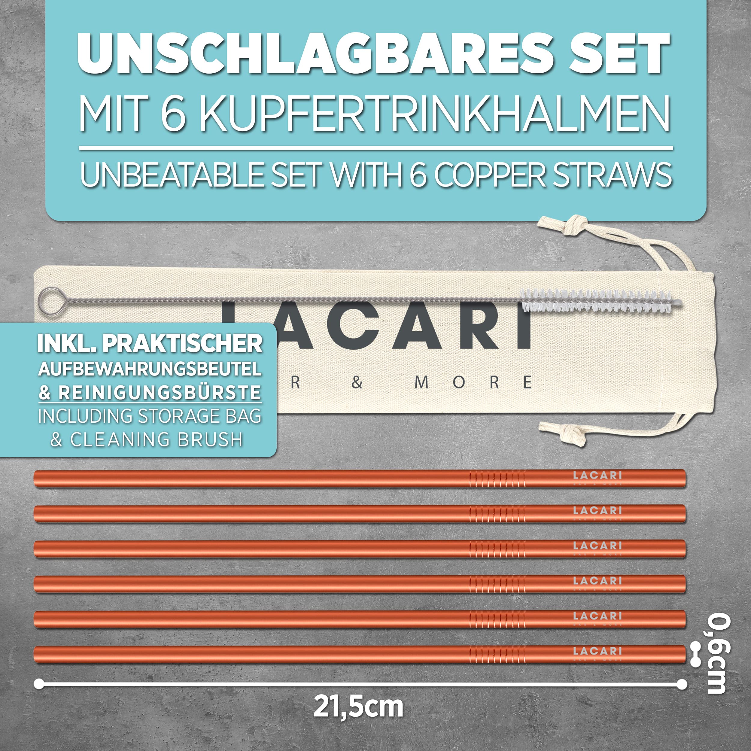 Strohhalme Edelstahl | Trinkhalme Edelstahl in Bronze | Lacari ORIGINAL 6x Strohhalm Wiederverwendbar | Edelstahl Strohhalm 21,5cm lang | Trinkstäbchen, Metall Strohhalm | Edelstahl Trinkhalme