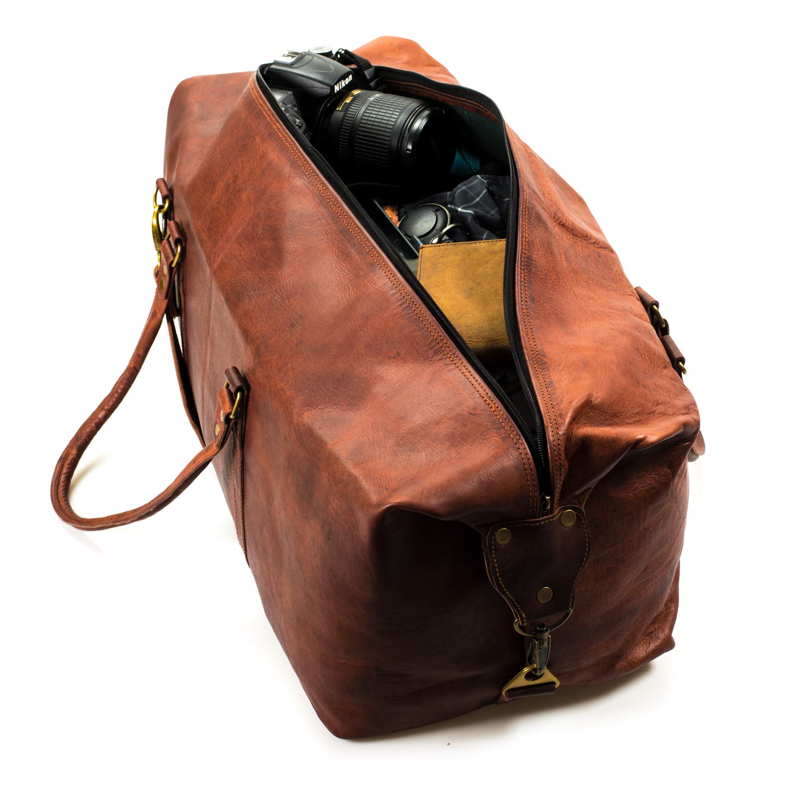 Leabags Leder Weekender Damen & Herren I Echtleder Premium Reisetasche I 45 l Sporttasche I Duffle Travel Gym Bag I Sporttasche I Trainingstasche I Tasche Flugzeug I groß I Vintage Cognac