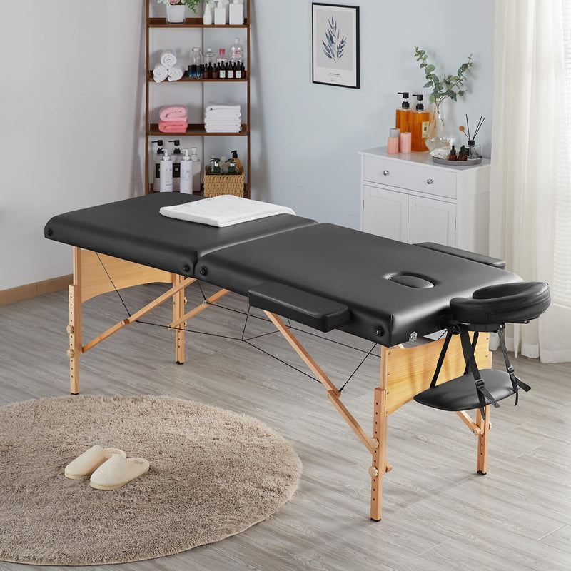 Yaheetech Mobile Massagelige 2 Zonen Massagetisch mit Holzfüßen und Tragetasche Höhenverstellbare Massagebank Klappbare Kosmetikliege 70 cm Breit, Schwarz